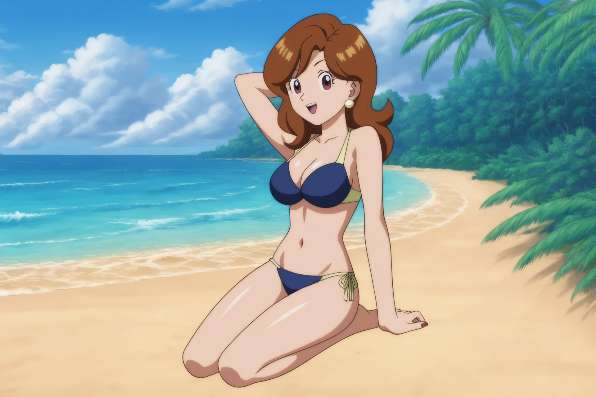 source_anime, score_9, score_8_up, score_7_up, anime screencap,
sanka coo, 1girl, solo, long hair, breasts, looking at viewer, smile, open mouth, small breasts, brown hair, v-shaped eyebrows, navel, cleavage, brown eyes, fingernails, collarbone, swimsuit, full body, bikini, earrings, outdoors, sky, barefoot, day, cloud, nail polish, blue sky, makeup, side-tie bikini bottom, ocean, v,
 <lora:kakunsa_pony_v1:0.8>