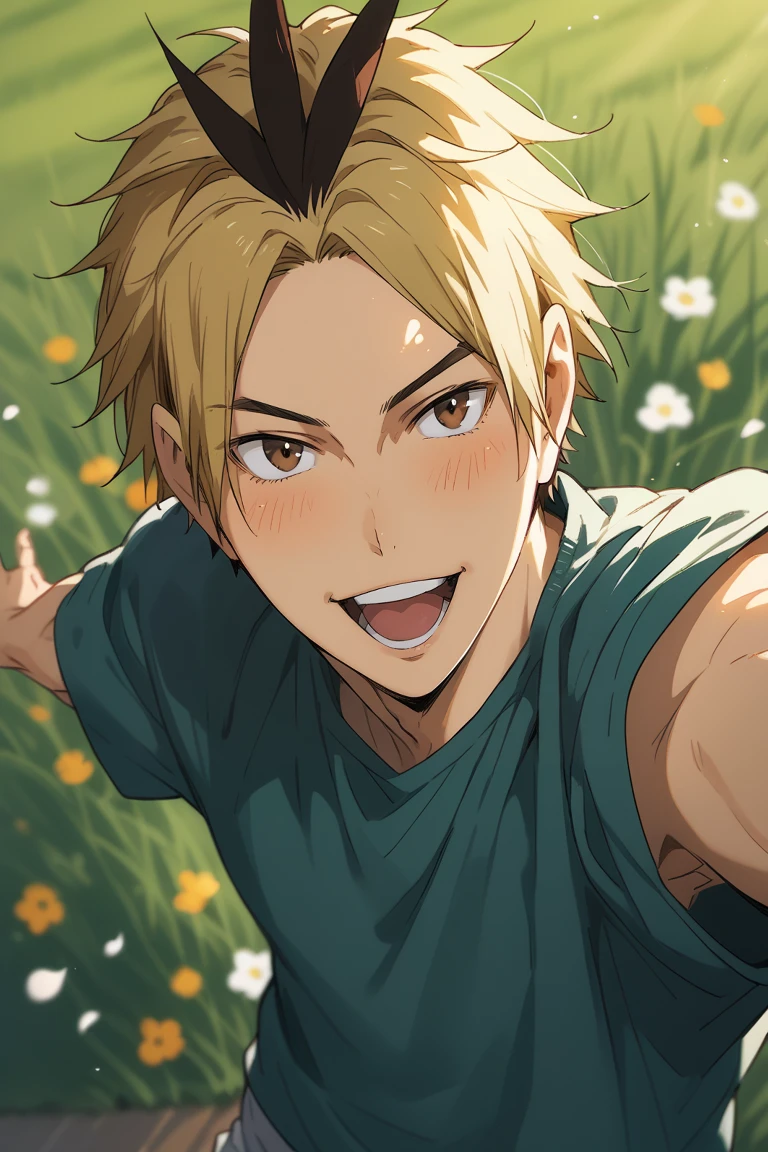 score_9, score_8_up, score_7_up, source_anime, rating_safe, day, natural lighting, spring theme, flowers, petals, male focus, selfie, outstretched arms, smiling, blushing, looking at viewer, KoganegawaHU, blonde-black_KoganegawaHU_multicolored hair, brown_KoganegawaHU_eyes, open mouth, oversized arms, 1boy, blurry outdoors grass, scenery, from above, dutch angle, intricately detailed illustration, atmospheric perspective, depth of field