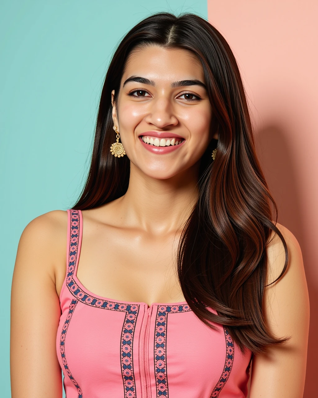 full body photo of a Kriti Sanon woman,candid photo with natural colors, laughing expression on face,studio quality, wearing intricate conservative sleeveless Pink Kalamkari Dress (hand-painted fabric), straight hair, pastel shaded multicolored background, cinematic soft lighting<lora:TestBed\Kriti_Sanon_2024_Flux_LoRA_V1.safetensors:1.0:1.0>