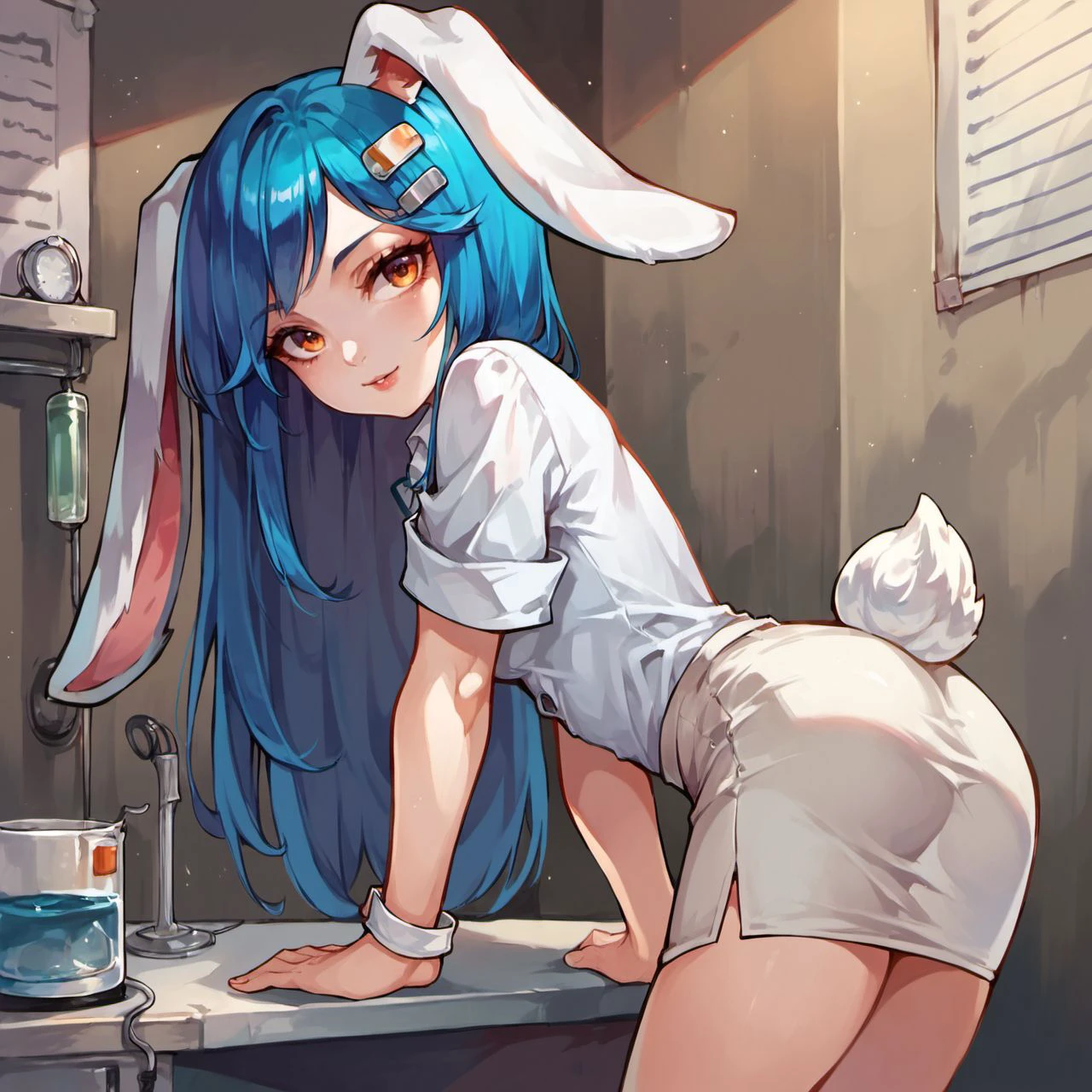 score_9, score_8_up, score_7_up, score_6_up, rabbie, rabbit ears, rabbit tail,
1girl, (chibi:0.3), solo, long hair, blue hair, looking at viewer, doctor, skirt
<lora:rabbie_race_v1-000005:0.8>,