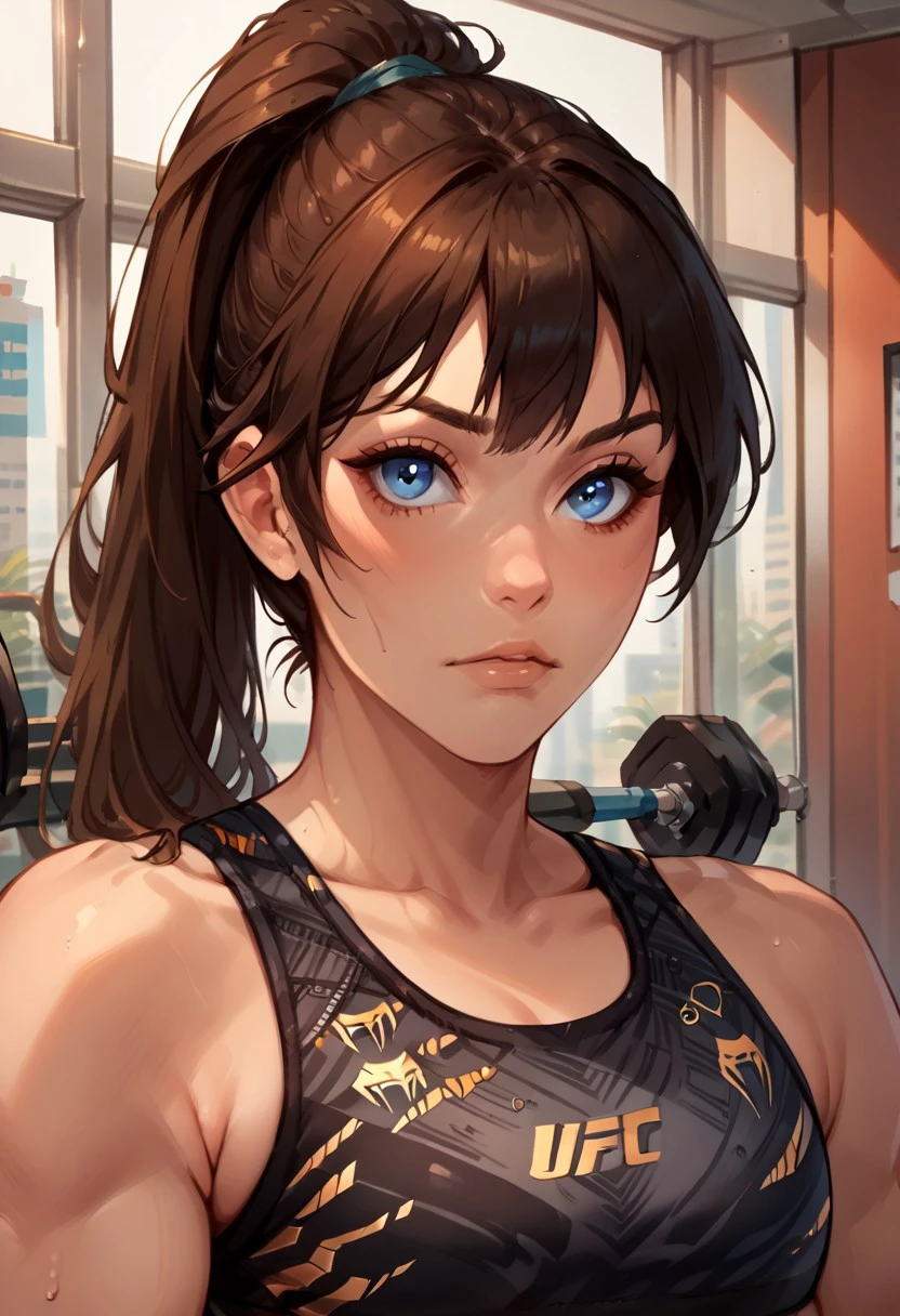 score_9, score_8_up, score_7_up, score_6_up, 1girl, brown hair, ponytail, bangs, blue eyes, ufc sports bra, portrait, close up,  Style-DoF, in gym, solo