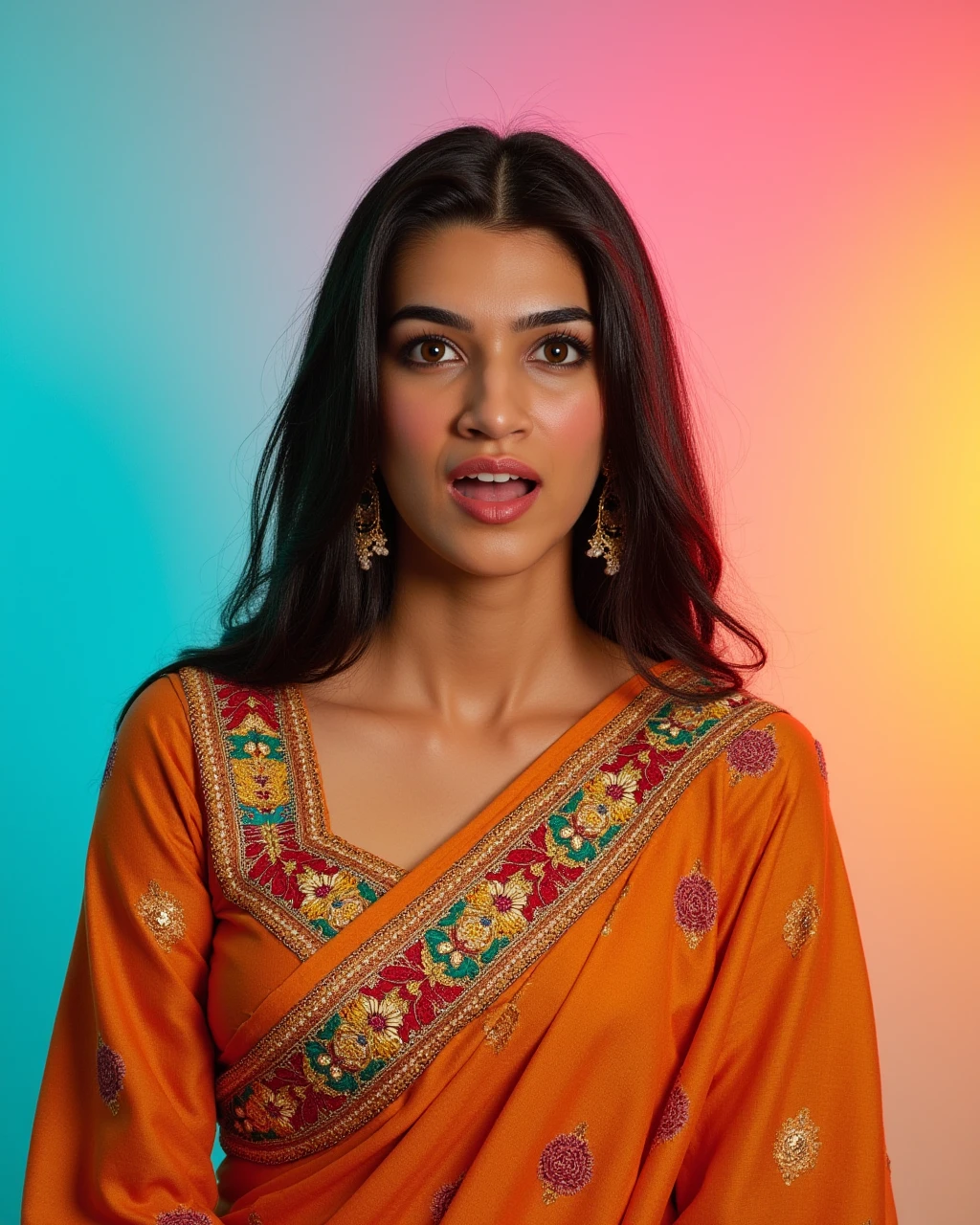 full body photo of a Kriti Sanon woman,candid photo with natural colors, shouting expression on face,studio quality, wearing intricate conservative long sleeved Cinnamon Saree, straight hair, pastel shaded multicolored background, cinematic soft lighting<lora:TestBed\Kriti_Sanon_2024_Flux_LoRA_V1.safetensors:1.0:1.0>