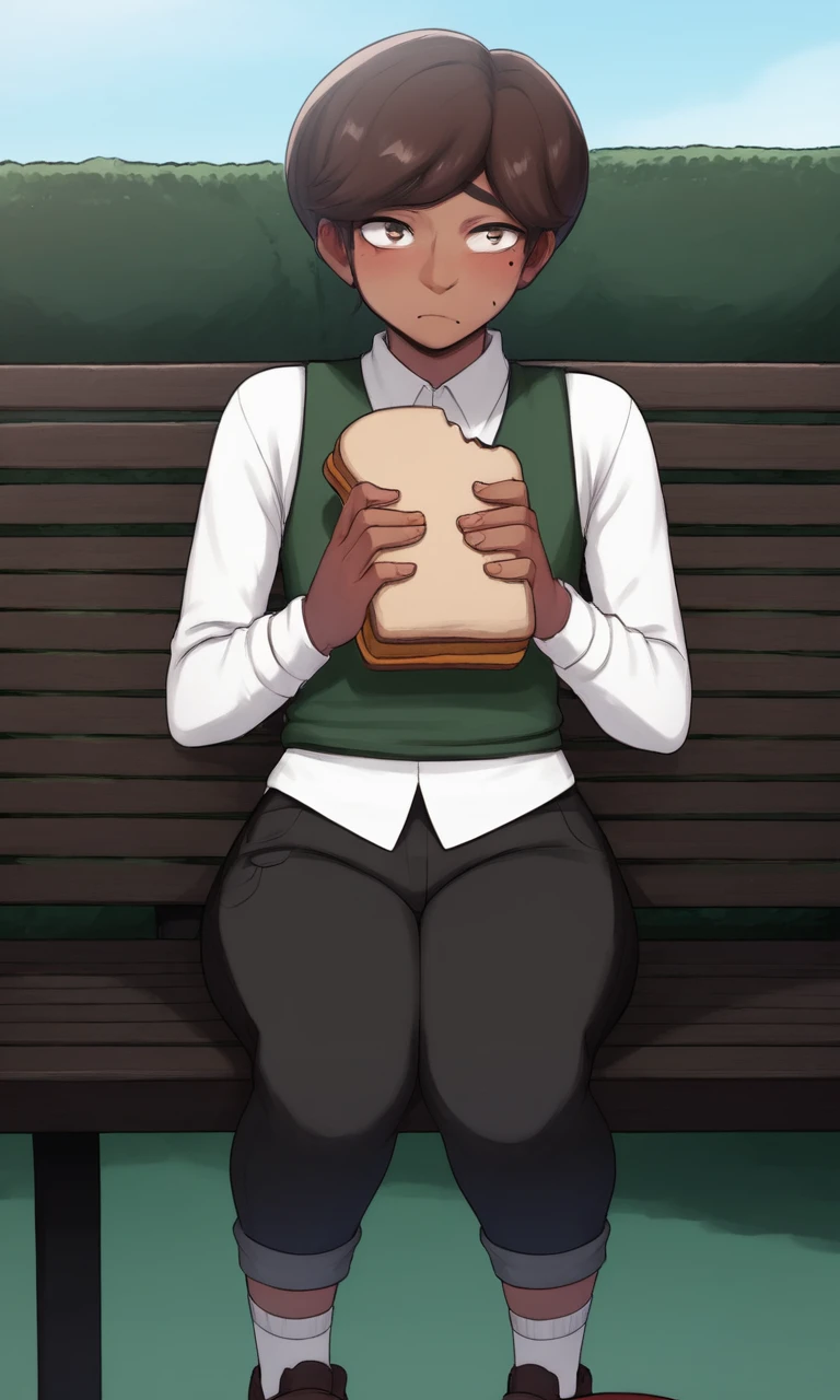 score_9, score_8_up, score_7_up, source_anime, anime illustration, masterpiece, best quality, lots of details, detailed background, BREAK 1boy, solo, 18 years old, femboy:0.1, adult, vinodkaur, dark skin, sitting, eating, sandwich, brown hair, pants, mole under eye, short hair, socks, holding food, white shirt, outdoors, bench, looking at viewer