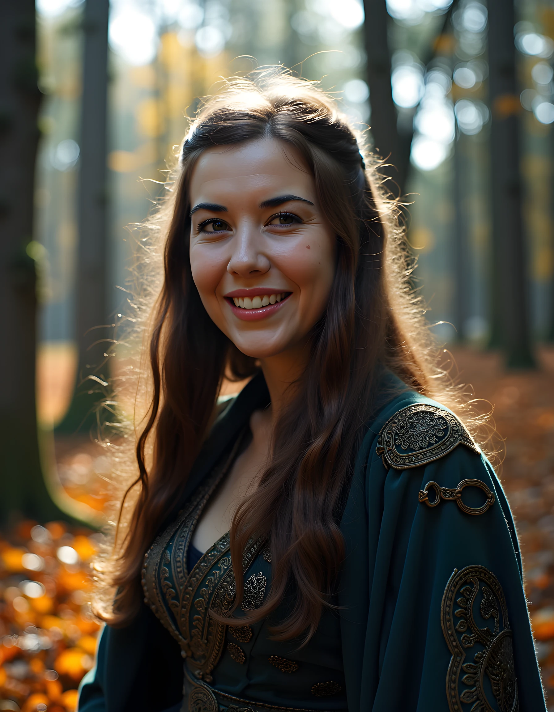 In a captivating, atmospheric portrait set against the backdrop of an ethereal, moonlit forest in autumn, the woman known as L154H, with her expressive brown eyes that seem to sparkle like polished obsidian, gazes directly at the viewer with a warm, inviting smile revealing her perfectly aligned, pearly white teeth. Her unique outfit, a blend of ancient Celtic motifs and futuristic elements, is illuminated by the soft, dappled glow of moonlight filtering through the canopy above. The image is captured from a slightly low angle, emphasizing her regal posture, with a subtle, dreamlike blur to the background detailing the vibrant fall foliage and the mysterious shadows cast by the towering trees. The overall emotional tone of the photograph is one of enchantment and timeless beauty, evoking a sense of wonder and intrigue.