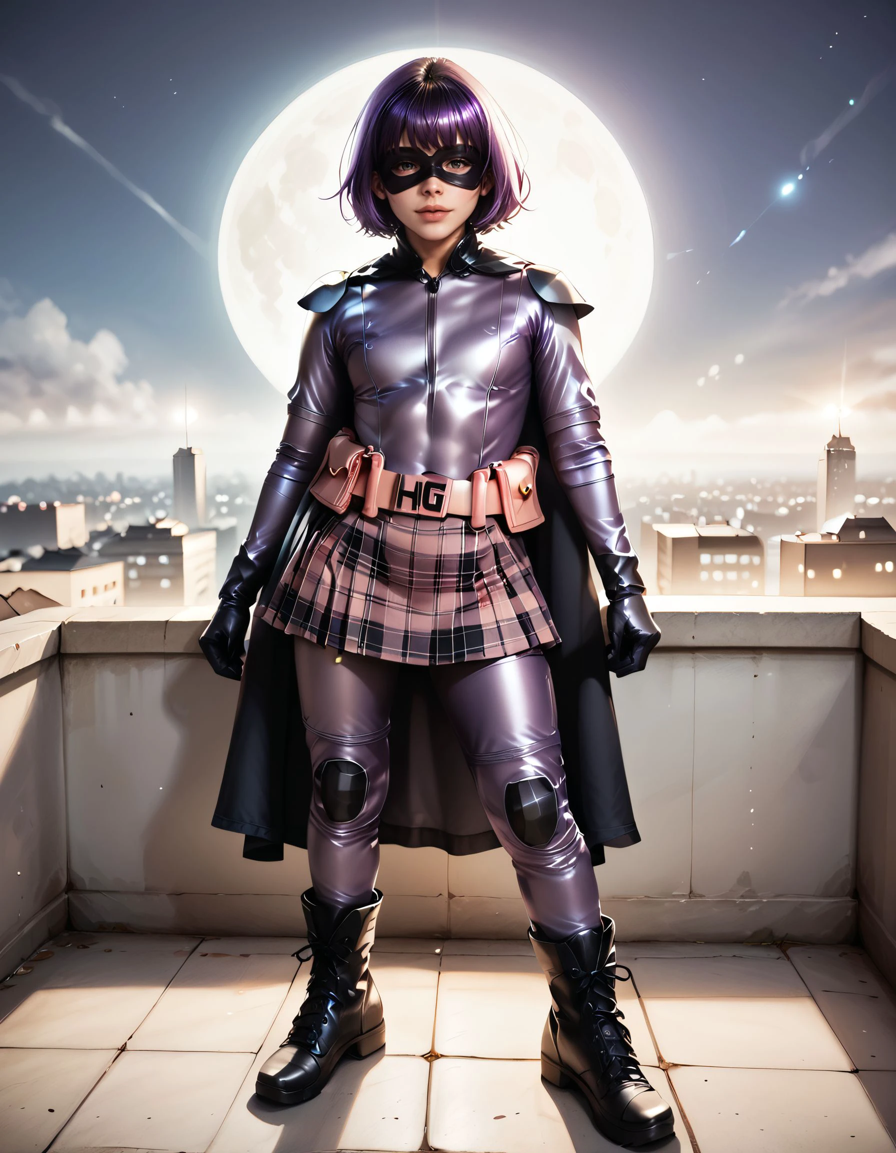 <lora:HitgirlCosplay:1> hitgirlcosplay
A girl, posing with a superheroic pose, dynamic posture, intensity, looking at viewer with a seductive gaze, pointing a gun at viewer. 
Purple hair, bob haircut with bangs, purple bodysuit, full bodysuit, black mask, black cape, black boots, black gloves, ((pink utility belt)), initials "HG" on the buckle, purple plaid skirt, purplee pants, black kneepads.
The background is the roof of a building, cityscape at night, with shadows., score_9, score_8_up, score_7_up, score_6_up, A highly detailed, intricate details, soft natural lighting, realistic anatomy, realistic eyes with catchlights, subtle skin shading, soft shadows, high resolution, smooth gradients, vibrant yet natural colors, cinematic lighting, depth of field, soft bokeh background, detailed eyes, detailed face,, zPDXL3, zPDXLrl, zPDXLxxx