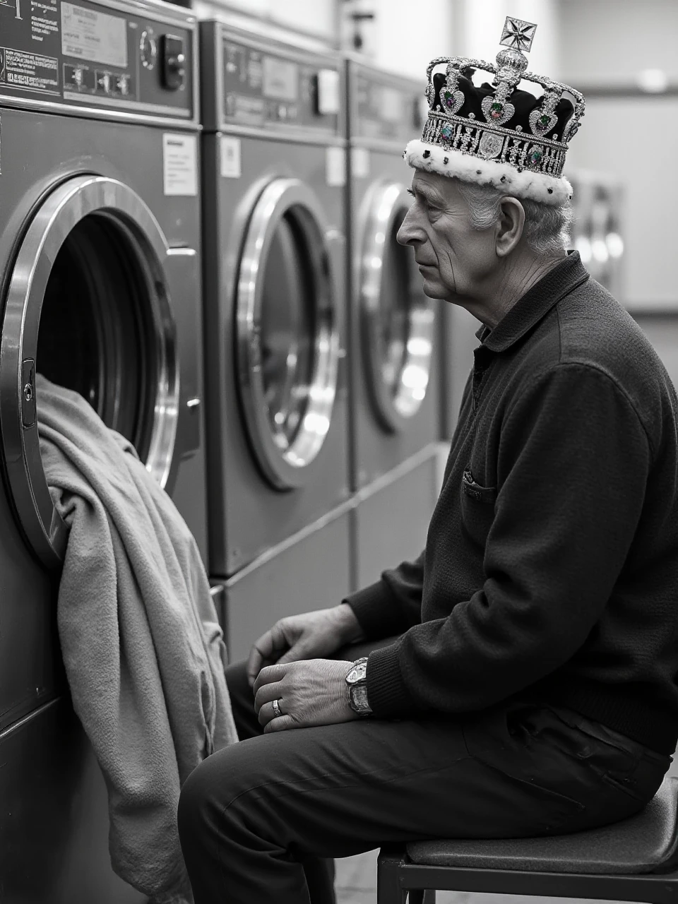 K1N6CH4RL35 An older man sitting in a laundromat, watching clothes spin in a washing machine while his crown rests beside him <lora:King-Charles_Flux_v01e08:1>