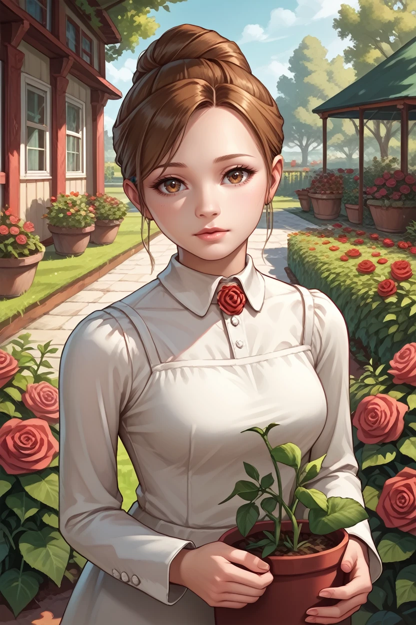 score_9, score_8_up, score_7_up,
<lora:RORJennifer:0.8>
RORJennifer, 1girl, brown hair, brown eyes, hair updo, looking at viewer, rose garden, gardening, floral background