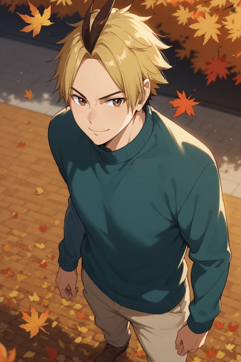 score_9, score_8_up, score_7_up, source_anime, rating_questionable, day, natural lighting, autumn theme, autumn leaf, leaves, male focus, looking away, smiling, KoganegawaHU, blonde-black_KoganegawaHU_multicolored hair, brown_KoganegawaHU_eyes, closed mouth, autumn clothes, sweater, pants, manly, 1boy, blurry outdoors, from above, dutch angle, intricately detailed illustration, atmospheric perspective, depth of field