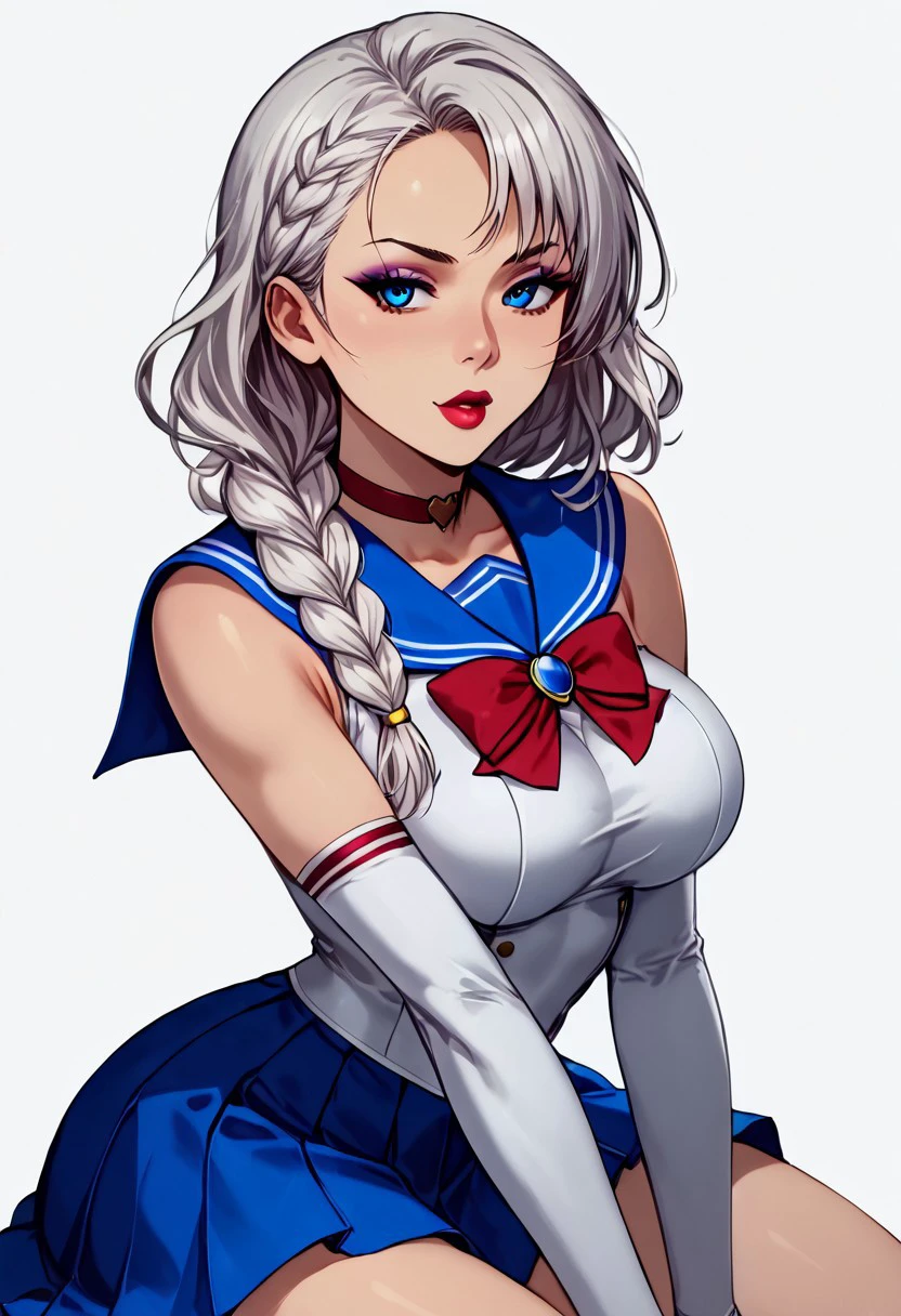 (white background :1.4), 1girl, (solo1.1), (short neck), white hair, wavy hair, one braid, long braid, braid over shoulder, sidebraid, sailormoon cosplay, back bow, blue sailor collar, blue skirt, boots, bow, brooch, choker, elbow gloves, gloves, knee boots, magical girl, pleated skirt, red bow, red choker, ribbon, sailor collar, sailor senshi uniform, skirt, white gloves, stiletto shoes, narrow waist, (big breasts), wide hips, (navy blue eyes:0.1), makeup, eyeshadow, lipstick, screencap, blurry background, detailed eyes, perfect eyes, stand, ExpressiveH, front view, pin-up pose, seductive