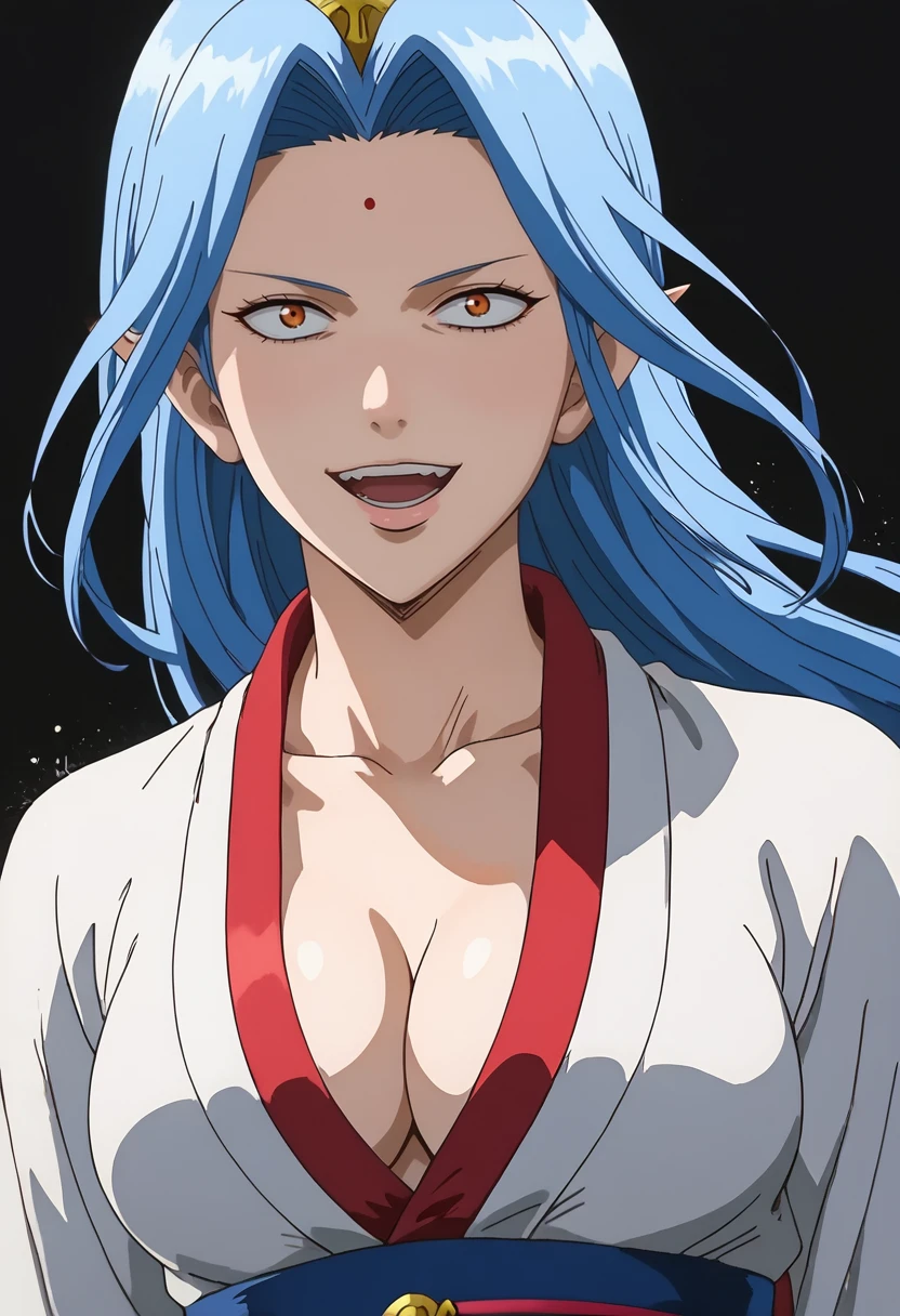 score_9, score_8_up, score_7_up, (masterpiece:1.2), (best quality:1.3), 1girl, <lora:Kujaku_Hime_Kada_Gintama-000005:0.8> kada_gntm, looking at viewer, blue hair, long hair, white kimono, simple background, 1990s \(style\), (cleavage:1.3), breasts squeezed together, upper body <lora:gintama_funny_face:0.55> gintama_funny_face, female focus, evil smile, open mouth, impact lines, low light, dark, dim, cinematic lighting, high contrast, rim lighting, ray_tracing, global illumination, glow