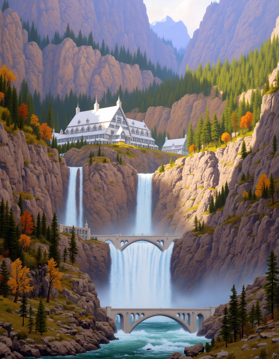 a painting of  Rivendell nestles in its hidden valley like a jewel in a protective setting, its elegant architecture seeming to grow from the very cliffs. Countless waterfalls cascade around and through the Last Homely House, their spray creating permanent rainbows in the perpetual autumn light. Delicate bridges span the rushing waters of the Bruinen, while the surrounding peaks ensure that the valley remains hidden from unfriendly eyes.
<lora:TedNasmith_MiddleEarth-flux-v2:1.1>