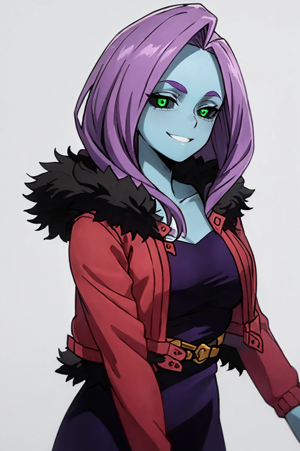 masterpiece, best quality,
1girl,  chitosekizuki, colored sclera, green eyes, purple hair, long hair, 
colored skin, blue skin,
red jacket, fur trim, black dress, open jacket,
upper body, smile, solo, looking at viewer, (simple background, white background:1.3) <lora:ChitoseKizuki_byKonan:1>