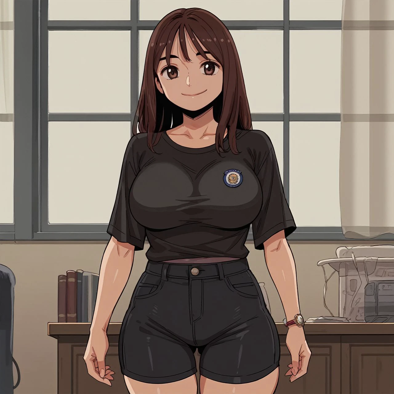 score_9, score_8_up, score_7_up, , detailed anime masterpiece, intricate design, smooth skin, highly detailed,  zPDXLxxx
large breasts,(short stack:0.7) solo
 anime coloring, cartoon, anime screencap,  indoor,
black shirt, black shorts 
 smile, closed mouth
  <lora:yukimaru_style_lora:0.2> <lora:balsamique-guy-PONYv1:0.0>
 hangyeowool, brown hair, brown eyes,    <lora:Han_Geo_Wool_-Beautiful_Gunbari_Pony-000006:1>