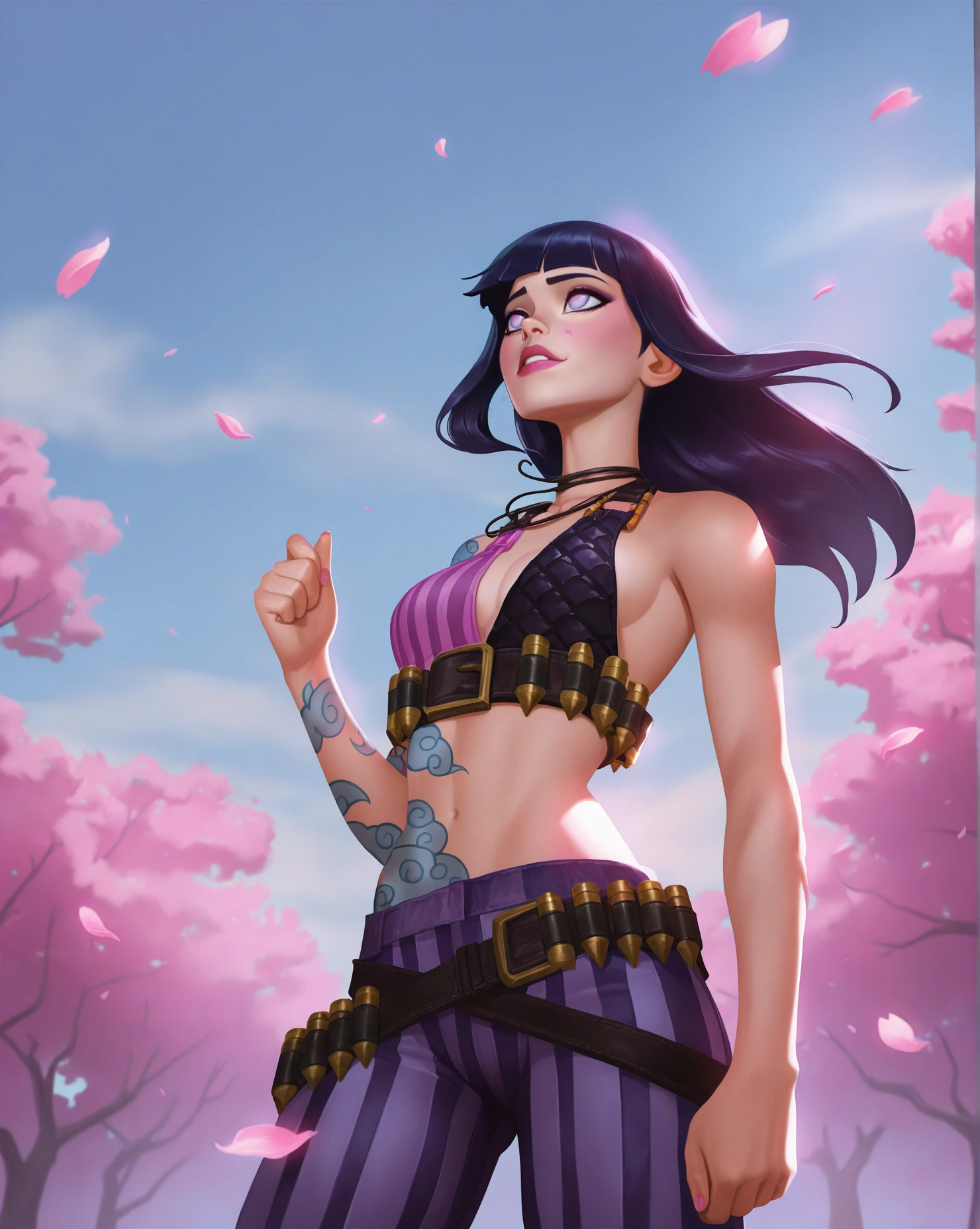 lorsty, 1girl, hyuuga hinata, jinx \(league of legends\) (cosplay), looking up, wind, cherry blossoms, from below
masterpiece, best quality, highres, absurdres
<lora:LegendOfRuneterra_ILXL:1>