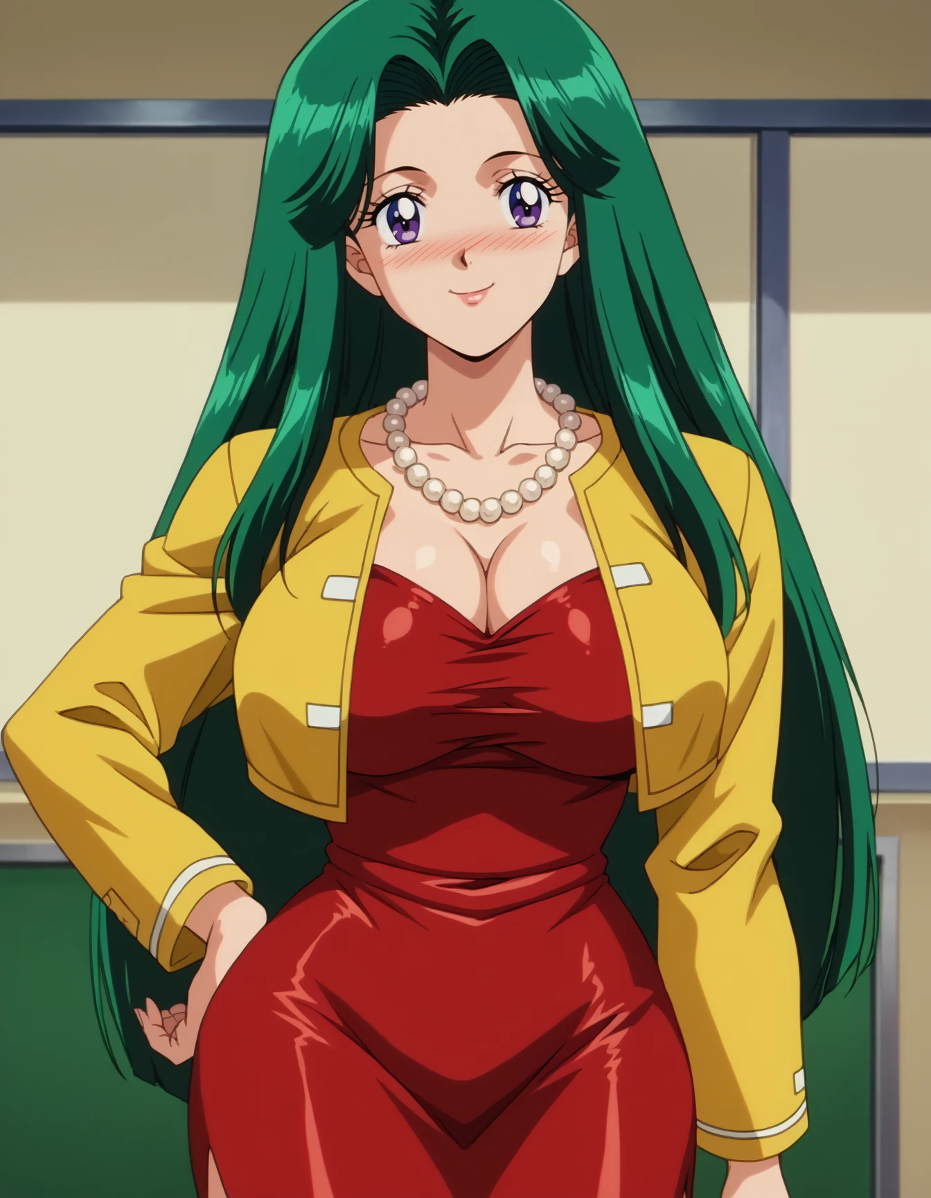 <lora:Ritsuko_Takashi:1>,score_9,score_8_up,score_7_up,score_6_up,source_anime,anime screencap BREAK uncensored,dark green hair,long hair,purple eyes,slim waist,huge breasts,ape,blush,curvy,red dress,yellow jacket,pearl necklace,cleavage,multicolored hair,Madonna,red heels,full body,<lora:Anime_Screencap:1>,<lora:PerfectEyesXL:1>,<lora:thicc_v1.4-pony:1>,ritsuko takahashi,(1990s \(style\),retro artstyle),chromatic aberration,film grain,indoors,classroom,smile,