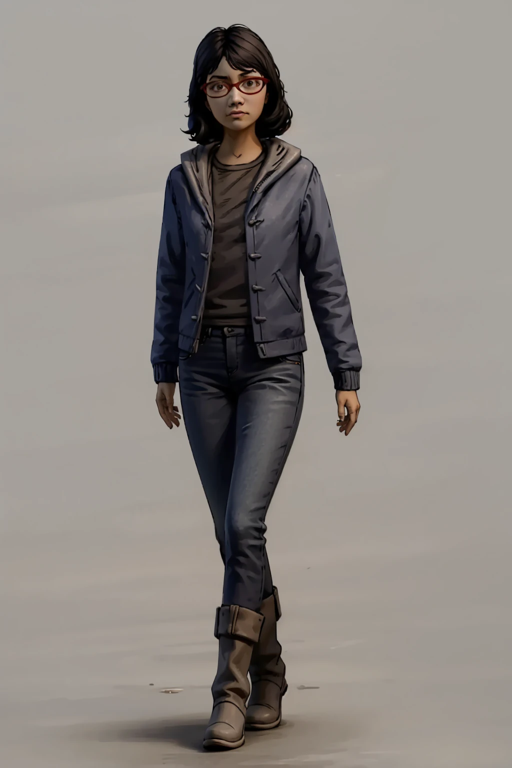 TWDSarah, brown eyes, black hair, medium hair, red glasses, 1girl, solo, full body, standing, hooded jacket, undershirt, pants, boots, blank background