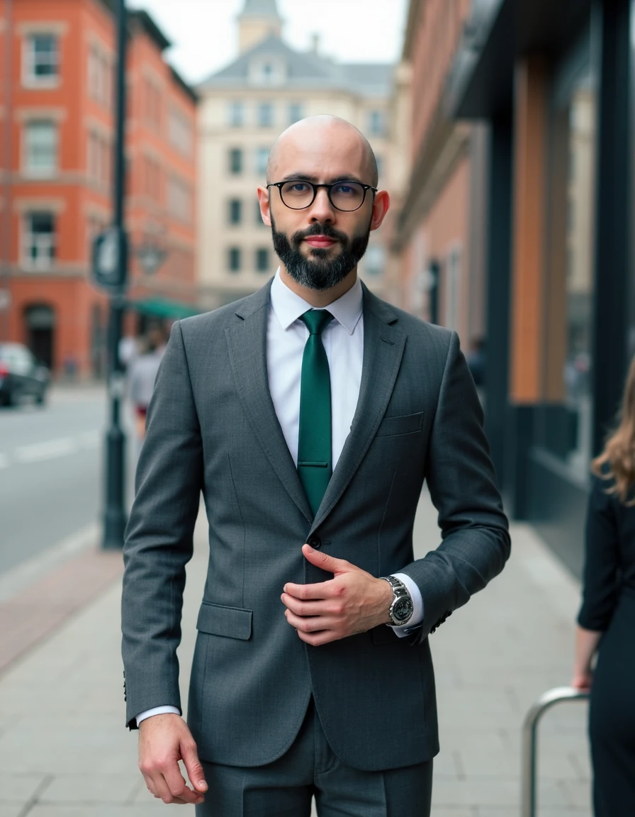 4ndr3wr3a This is a photograph of a handsome man walking in a city.. He is bald. He has a beard. He has glasses on. He is wearing a suit and tie. He has a grey blazer on. He has grey slacks on. He has a white dress shirt on. He has a green tie on. He is walking on the sidewalk. He is modeling.  4k, photography, high quality, high resolution, highly detailed, clear focus, DSLR, RAW photo  <lora:Andrew_Rea_FLUX:1>