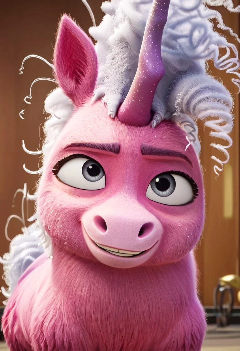 thelma unicorn, single horn,1girl, small unicorn, short body, female unicorn, grey eyes, two-toned fur, pink and purple fur, white hair, curly hair, white tail, curly tail, feral, score_8_up, score_7_up, BREAK, 1girl, solo, looking at viewer, cute, smiling, female focus, looking at viewer, detailed background, 4k, masterpiece, best quality, highly detailed, 3d, full shot, realistic, 3d,