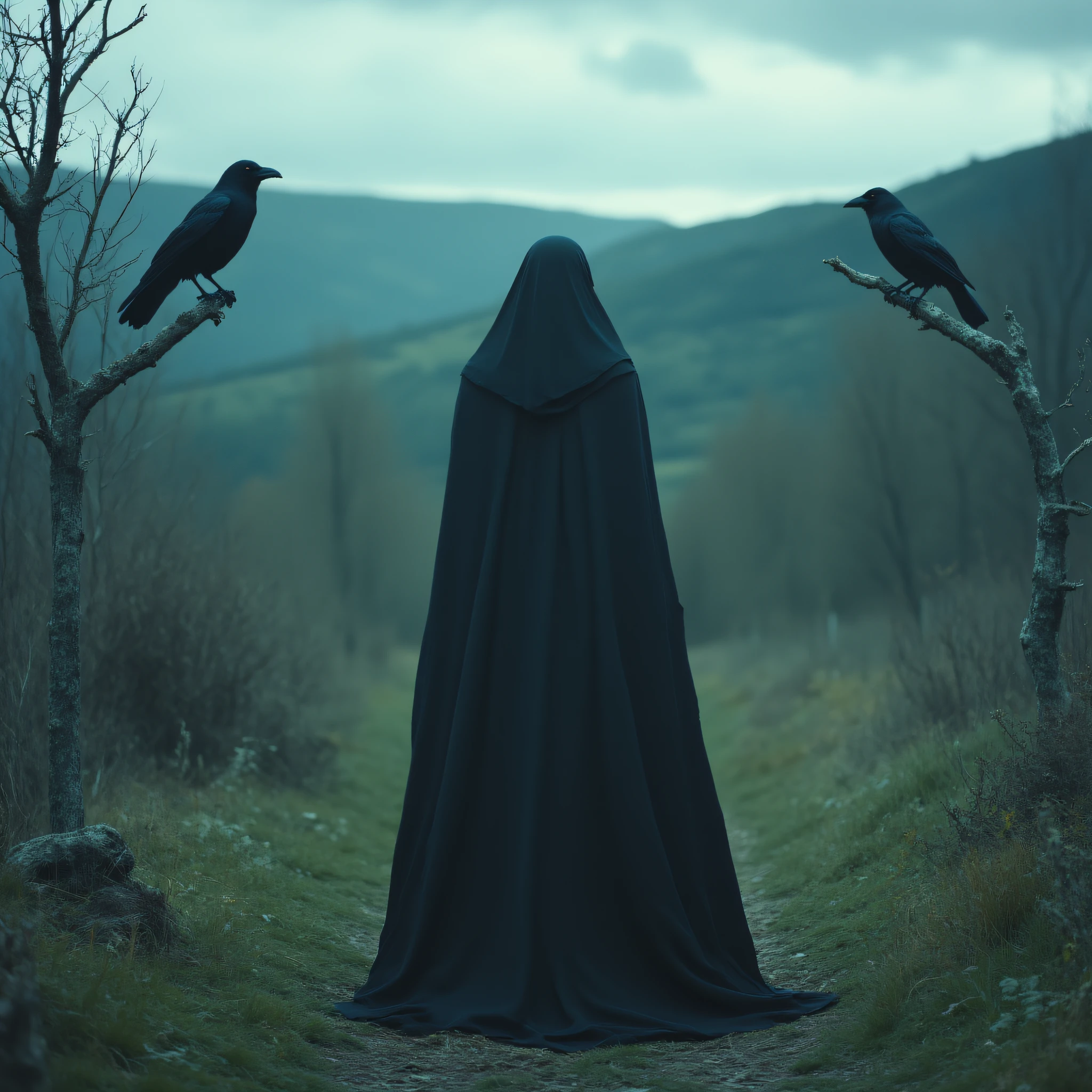 ArsMovieStill, Movie still from a 2010s folklore horror film, The image shows a woman in a black cloak standing in the middle of a field surrounded by grass and trees. On the left side of the image two crows are perched on a branch of a tree and in the background a hill and the sky can be seen., bird, crow, outdoors, cloak, tree, bare tree, solo, hood, grass, sky