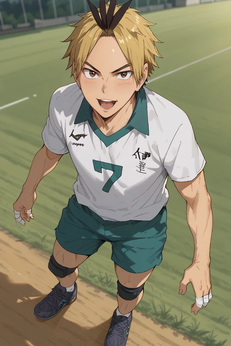 score_9, score_8_up, score_7_up, source_anime, rating_safe, day, natural lighting, male focus, full body, smiling, looking at viewer, KoganegawaHU, blonde-black_KoganegawaHU_multicolored hair, brown_KoganegawaHU_eyes, open mouth, white-green_KoganegawaHU_shirt, white_KoganegawaHU_bandaged fingers, green_KoganegawaHU_shorts, black_KoganegawaHU_knee pads, black_KoganegawaHU_sneakers, 1boy, blurry outdoors grass, scenery, from above, dutch angle, intricately detailed illustration, atmospheric perspective, depth of field