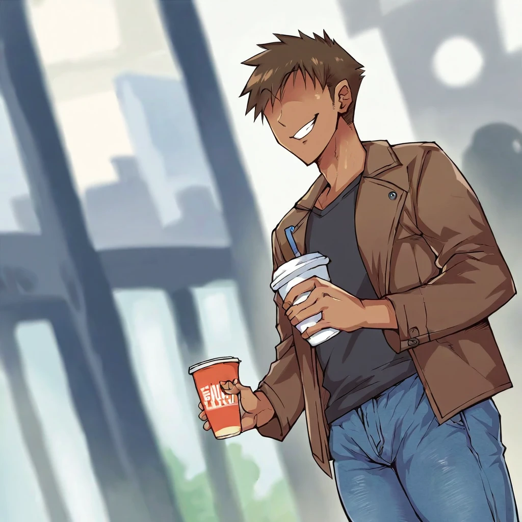 score_9, score_8_up, score_7_up, by kizaru, human, 1boy, male focus, solo, solo focus, brown hair, pants, disposable cup, smile, cup, jacket, shopping background, holding, denim, brown jacket, holding cup, blurry background, faceless, jeans, dark skin, dark-skinned male, shirt, blue pants, dutch angle