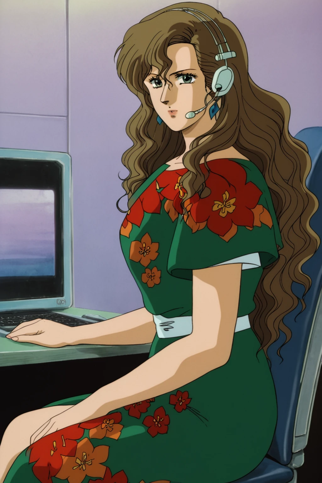 changelheart, 1girl, solo, green eyes, brown hair, wavy hair, long hair,  green dress,  floral print, earrings, sitting om chair, cowboy shot, medium breasts, (looking at viewer, from side:1.2), mature female, masterpiece, best quality, anime coloring, retro artstyle, headset, working on retro computer