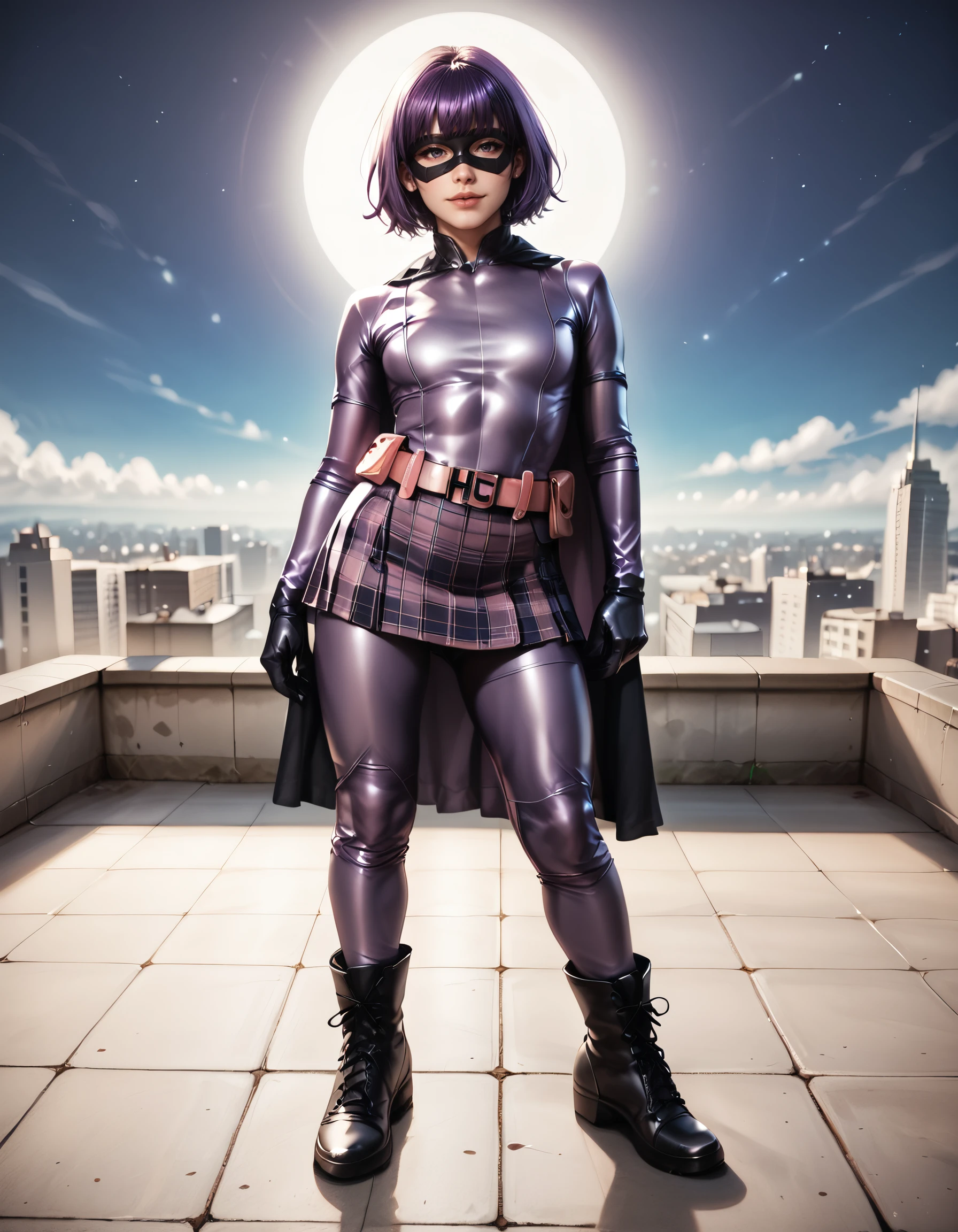 <lora:HitgirlCosplay:0.7> hitgirlcosplay
A girl, posing with a superheroic pose, dynamic posture, intensity, looking at viewer with a seductive gaze, pointing a gun at viewer. 
Purple hair, bob haircut with bangs, purple bodysuit, full bodysuit, black mask, black cape, black boots, black gloves, ((pink utility belt)), initials "HG" on the buckle, purple plaid skirt, purplee pants, black kneepads.
The background is the roof of a building, cityscape at night, with shadows., score_9, score_8_up, score_7_up, score_6_up, A highly detailed, intricate details, soft natural lighting, realistic anatomy, realistic eyes with catchlights, subtle skin shading, soft shadows, high resolution, smooth gradients, vibrant yet natural colors, cinematic lighting, depth of field, soft bokeh background, detailed eyes, detailed face,, zPDXL3, zPDXLrl, zPDXLxxx