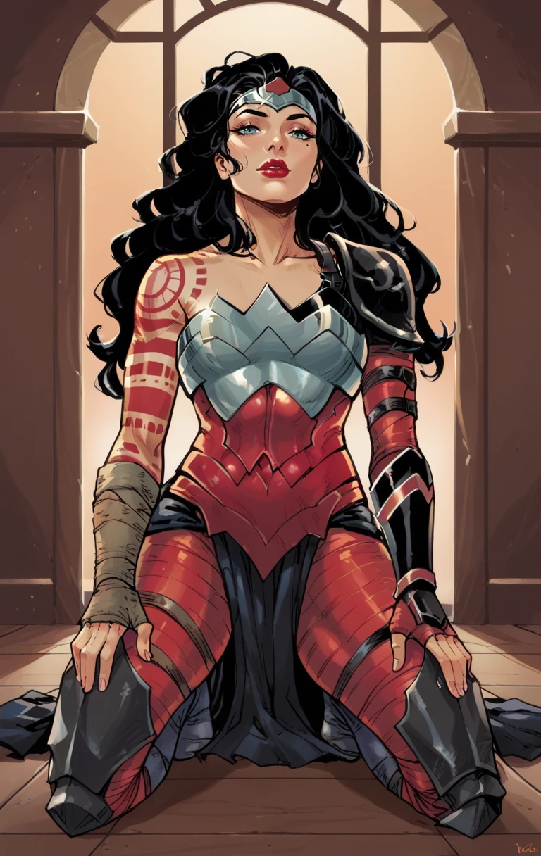 score_9,score_8_up,score_7_up BREAK <lora:AbsoluteWonderWoman:1>,AbsoluteWonderWomanMarlo,1girl,solo,long hair,black hair,armor,tattoo,shoulder armor,pauldrons,breastplate,red lips,room,room background,kneeling,