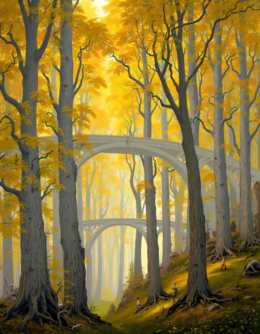 a painting of The mallorn trees of Lothlórien tower overhead, their silver bark and golden leaves creating a luminous canopy. Delicate structures wind through the branches, connected by graceful bridges. The forest floor is carpeted with small yellow flowers that seem to glow in the ethereal light.
<lora:TedNasmith_MiddleEarth-flux-v2:1.25>