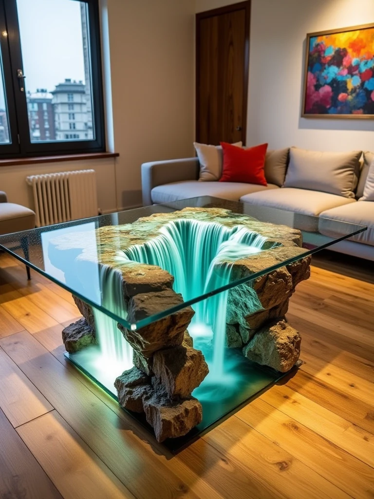 waterfall table with splash under glass,living room,wood floor,