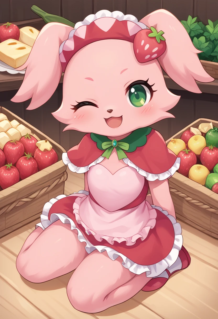 pink fur, score_9, score_8_up, score_7_up, score_6_up, score_5_up, BREAK
Av3nue, anthro, female, solo, looking at viewer, blush, smile, open mouth, green eyes, full body, one eye closed, food, no humans, capelet, fruit, ;d, gem, furry, strawberry, food-themed hair ornament, red capelet, pink capelet, pink fur