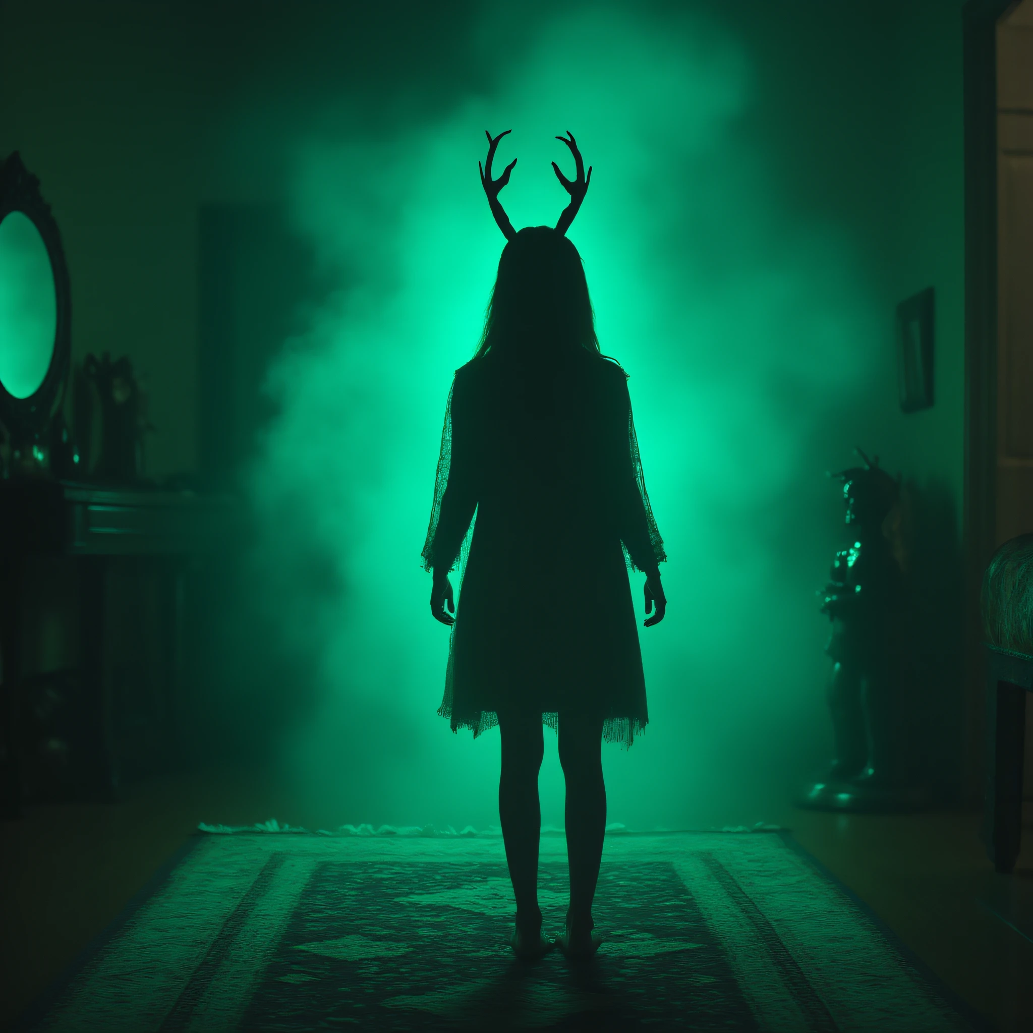 ArsMovieStill, Movie still from a 2010s folklore horror film, The image shows a girl standing in front of a green light in a room with a carpet on the floor a statue of a person with antlers a mirror on the wall and various objects on a table., 1girl, antlers, standing, glowing, monster, from behind, night, long hair, 1other, dark