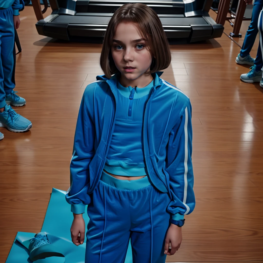 photo realistic, gym scenery, (w3day_14:0.6), 1girl, (solo:1.3), brown hair, long hair, breasts, full body, <lora:Violet_Beaurgarde_Tracksuit_SD1.5:1.3> blue tracksuit, blue jacket, pants, sneakers, watch