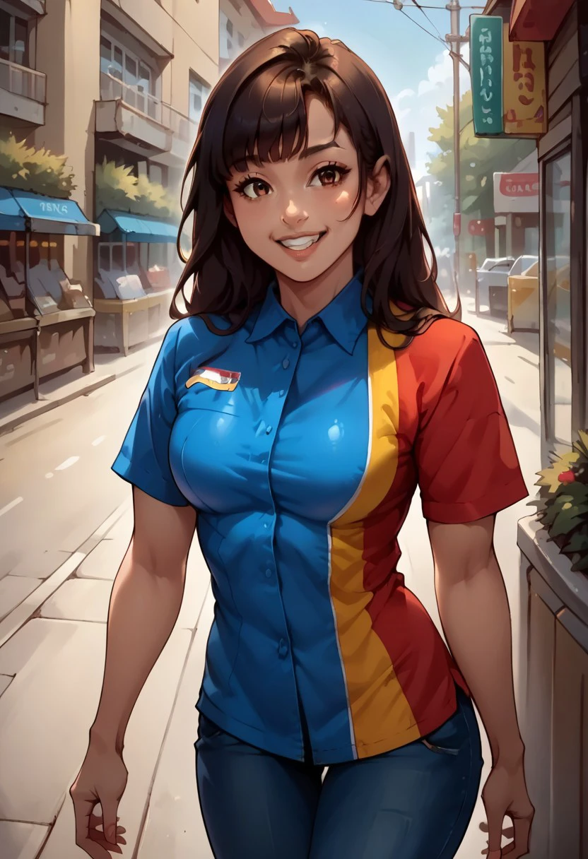 score_9, score_8_up, score_7_up, score_6_up, 1girl, cute, black hair, smiling, bangs, asian, long hair, brown eyes, hands by side, skin tight buttoned indmrt shirt, medium breasts, in the street, jeans, curvy, portrait, solo