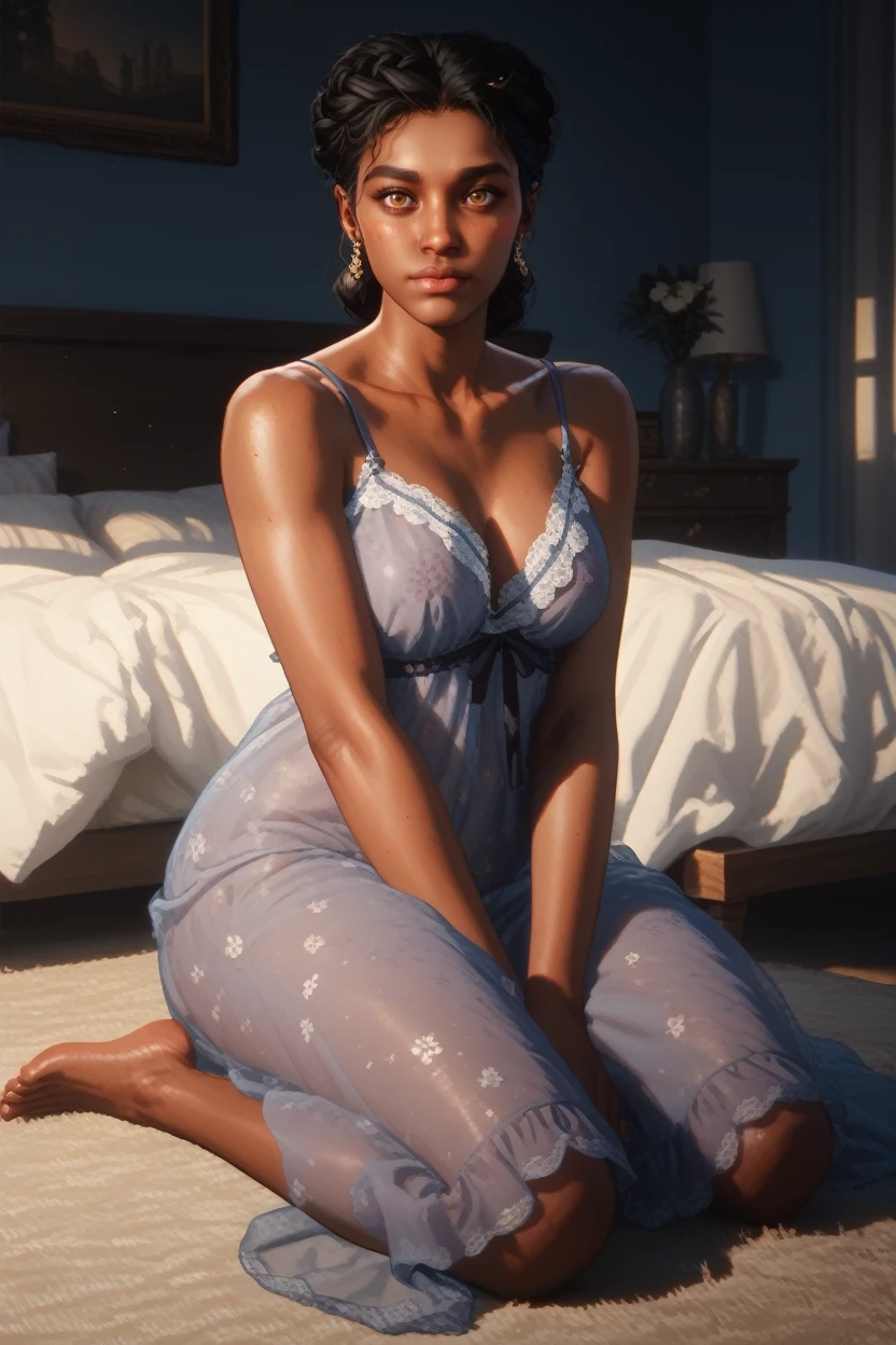 score_9, score_8_up, score_7_up,
<lora:RDR2Tilly:0.8>
RDR2Tilly, 1girl, black hair, brown eyes, dark skin, looking at viewer, full body, sitting, night gown, blushing, bedroom