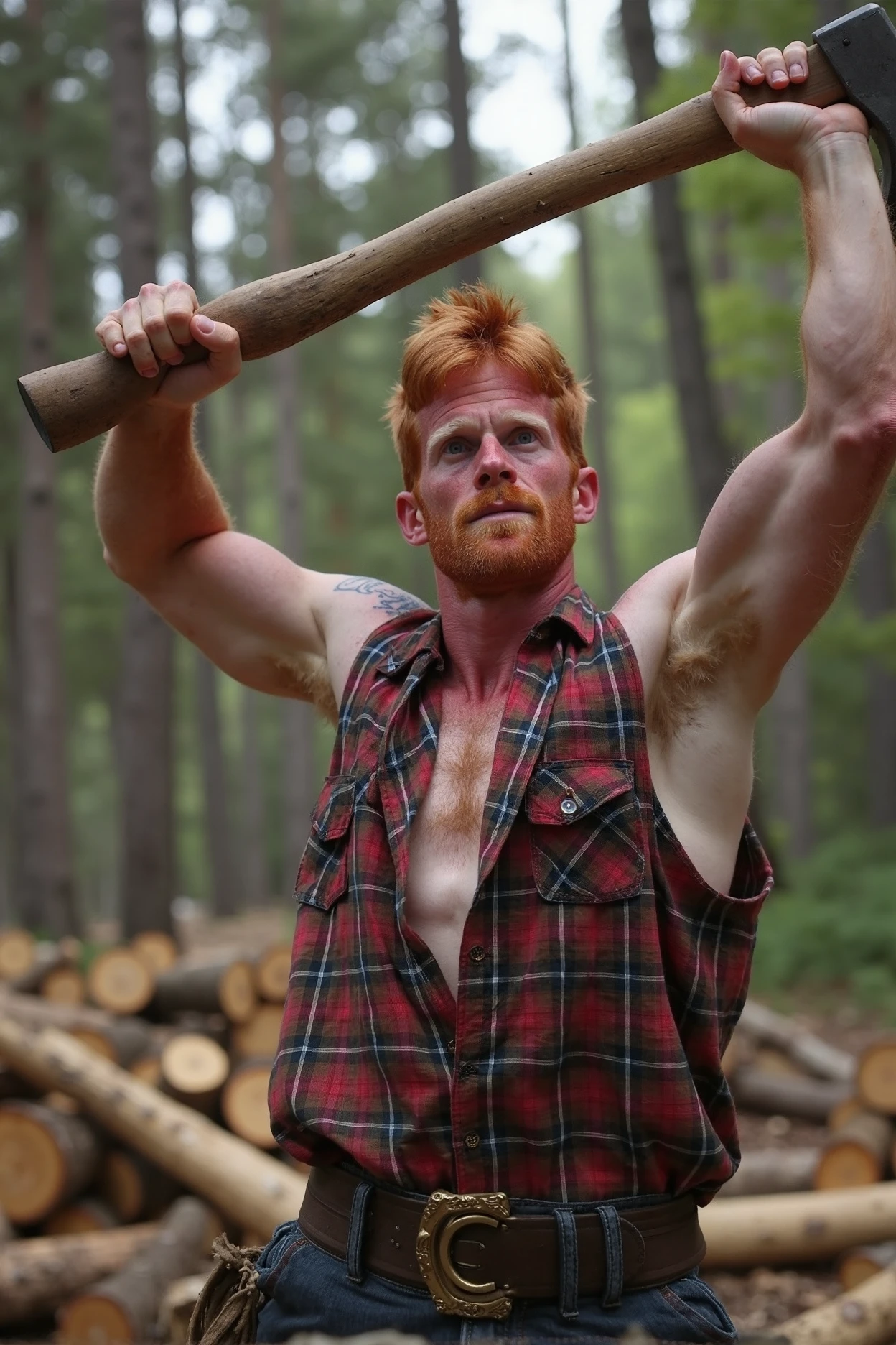 An action-packed close-up shot of Aric, the ginger lumberjack, as he wields an axe high above his head, ready to strike. His sleeveless closed at the waist plaid shirt clings to his frame, revealing his dark-tanned skin and beat-up shins, showcasing the hard work of a slim athletic lumberjack. The backdrop features chopped wood and a sprawling forest, with sunlight breaking through the canopy to highlight the sweat on his brow. The angle captures Aric's intense expression and the fierce determination in his eyes, emphasizing his resilient spirit. Created Using: macro photography, vivid color contrast, motion blur effects, immersive depth, focus on facial expressions, natural setting, dynamic composition, detailed textures<lora:AricT_L5_YsCap-000030.safetensors:1.0:1.0>