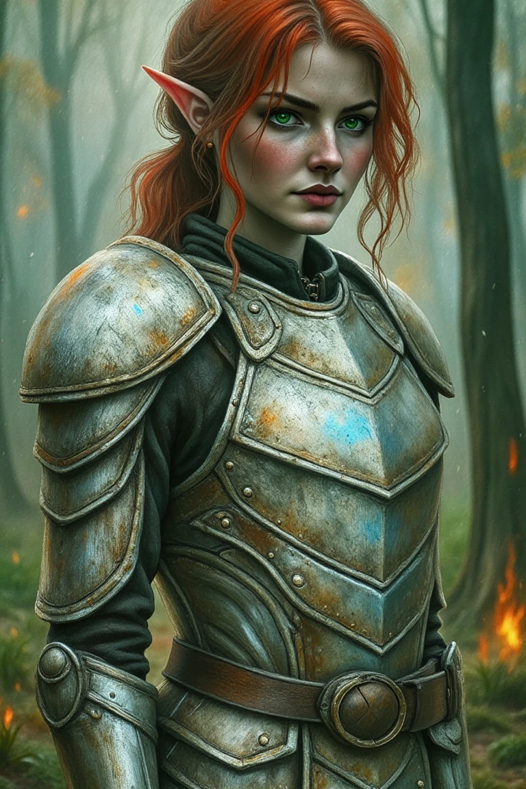 Prompt: Beautiful female woodelf in shiny iron and silver armor, full body view, full body shot, feet and arms seen in the view, hyper photorealistic, ultra photorealistic, looking straight into camera, Elf, pointy ears, photorealistic, fighting pose, shoulder length wavy red hair, full body, athletic figure, beautiful green eyes,  8k, ultra realistic, hyper realistic, highly detailed, daylight, fantasy style, high contrast, colorful polychromatic, (Intricately Designed face: 1.3),  dramatic lighting, wet and sweaty skin, dirty skin, Cinematic colorful lighting, realistic body and face, Photograph Taken on Nikon D750, Intricate, Elegant, Digital Illustration, Scenic, Hyper-Realistic, Unreal Engine, CryEngine, Octane Render, Artgerm, WLOP, Greg Rutkowski, 8k ultra high resolution concept art, hyper-defined, sharp focus, echoing, (hyperdetailed body and face: 1.3),  asymmetric balance, Stunning and amazing.,Acrylian4,Lineart style:Charcoal lineart and white chalk lineart,Tannis, Tanis, Esmeralda , piercing multicolor colorful eye color,black ink lineart, dynamic pose, Amazing artwork, a Masterpiece painting