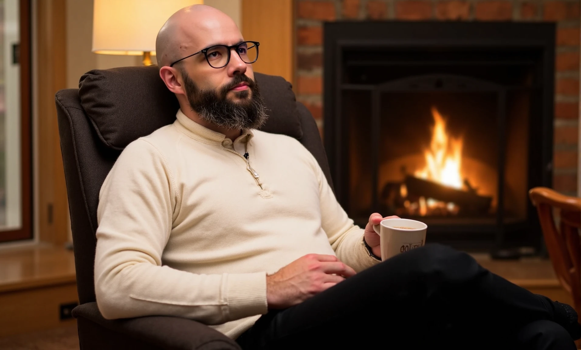 4ndr3wr3a This is a photograph of a handsome man sitting on a recliner. He is bald. He has a beard. He has glasses on. He is wearing a white sweater. He has black slacks on. He is holding a cup of coffee. The room is nice and warm. There is a fire going on in the fireplace. .  4k, photography, high quality, high resolution, highly detailed, clear focus, DSLR, RAW photo  <lora:Andrew_Rea_FLUX:1>