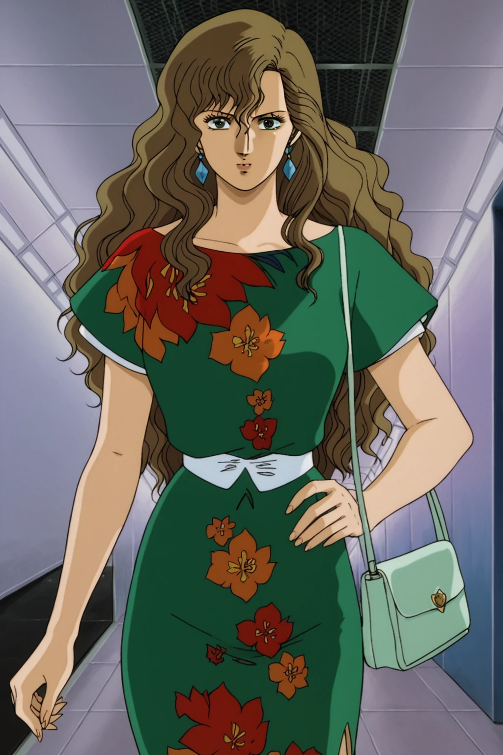 changelheart, 1girl, solo, green eyes, brown hair, wavy hair, long hair,  green dress, short sleeves, floral print, earrings, standing, cowboy shot, medium breasts, (looking at viewer:1.2), mature female, masterpiece, best quality, anime coloring, retro artstyle, handbag