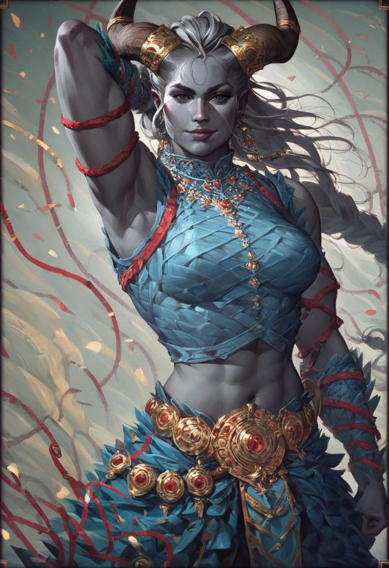 score_9, score_8_up, score_7_up, score_6_up, 1girl,
taash, qunari, long grey hair, long braid, emerald horn, brown horn, grey skin, bony face, navel,
feathered armor, taash_o1, jewelry, arm ropes, belt, (sleeveless:1.4),
mean expression, action pose, creative angle, dynamic pose,
hand behind head, seductive, smug, looking at viewer, bedroom eyes, confident, large breasts,