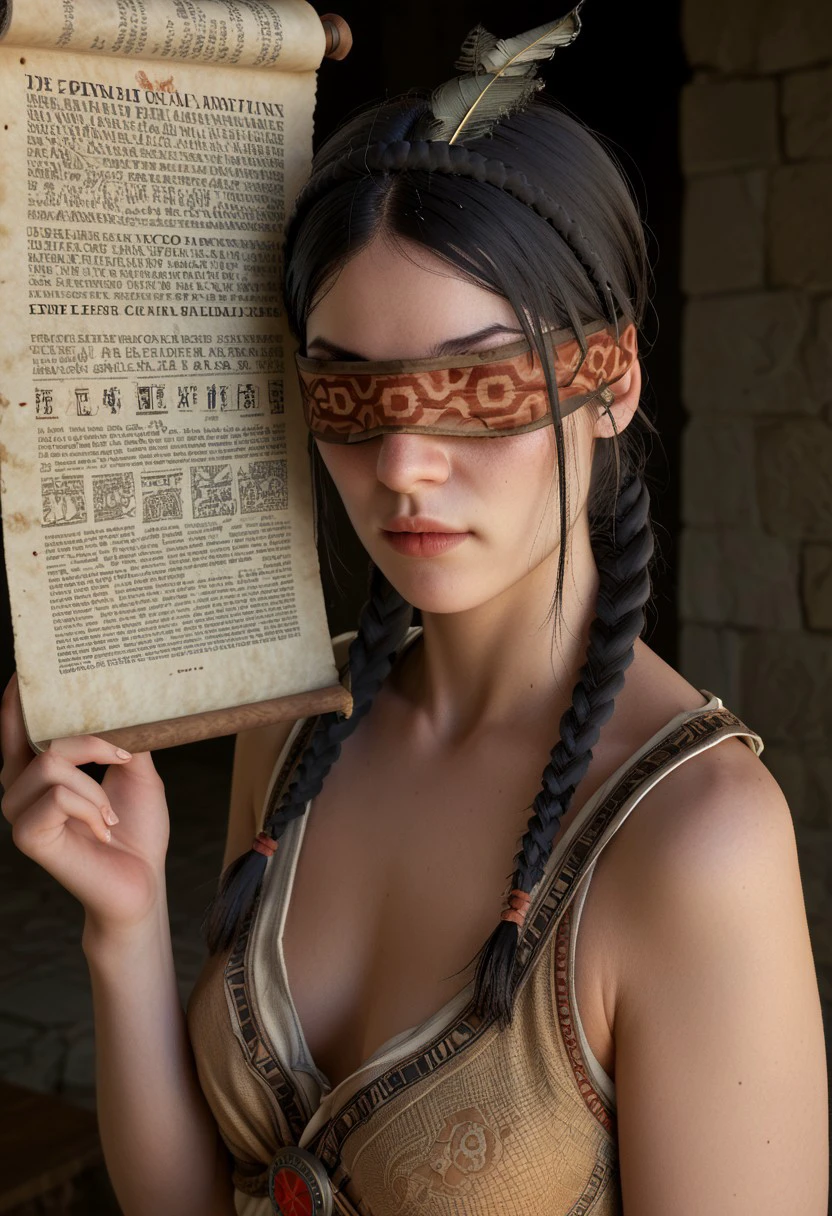 score_9, score_8_up, score_7_up,1girl blindfold   Philippa Eilhart deciphering an ancient scroll looking at viewer lots of details