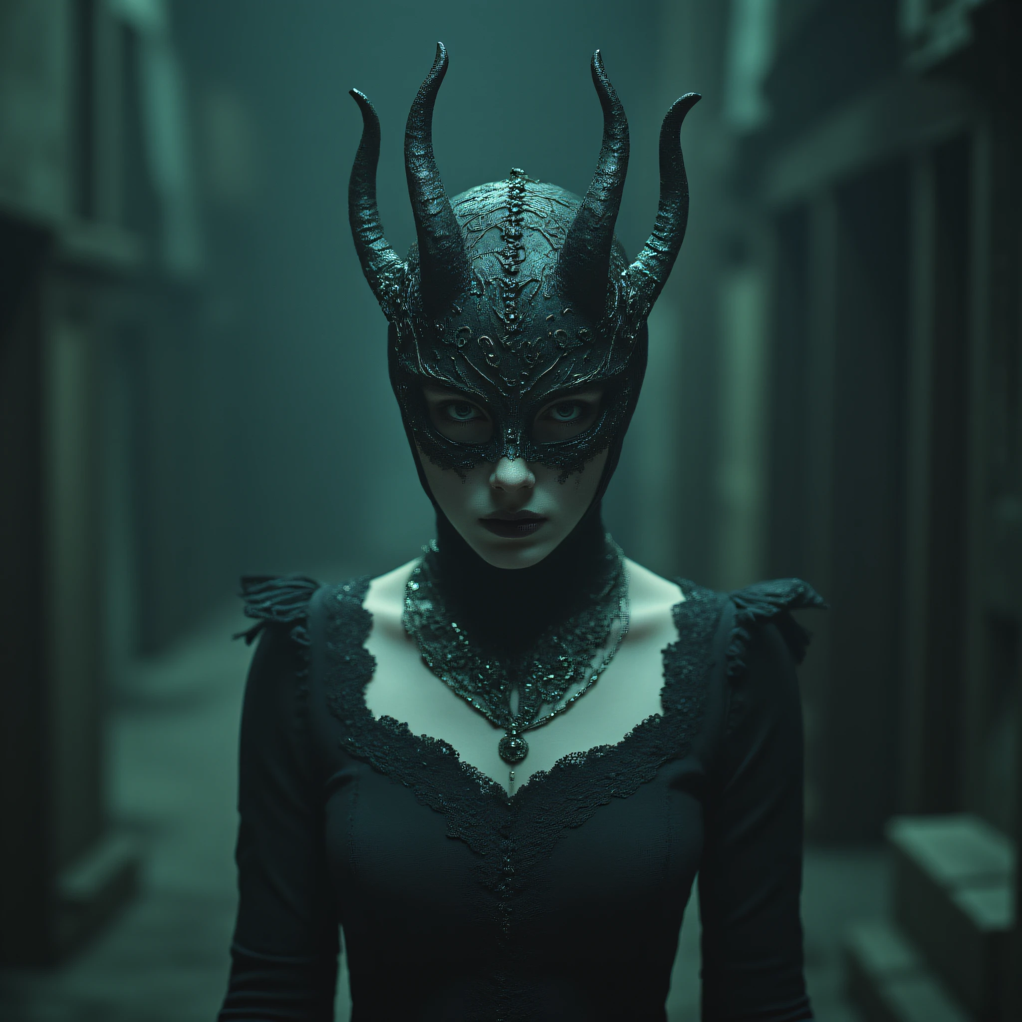 ArsMovieStill, Movie still from a 2010s folklore horror film, The image shows a woman wearing a black dress and a devil mask with horns on her head standing in front of a blurred background., solo, blurry background, blurry, horns, jewelry, looking at viewer, necklace, 1girl, upper body, antlers