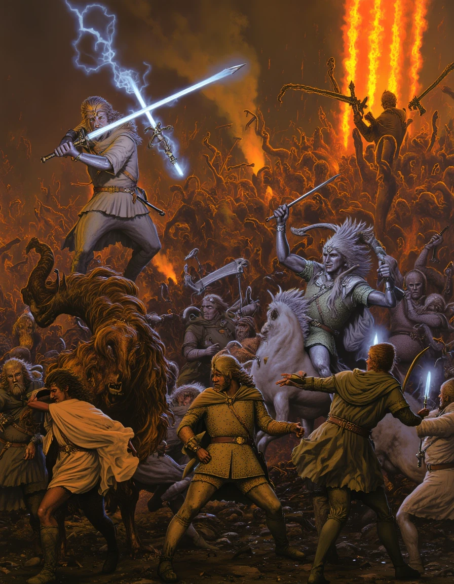 a painting of  The Last Alliance of Elves and Men clashes against Sauron's forces before the Black Gates of Mordor, where gleaming elven armor meets crude orcish iron in a thunderous collision. Gil-galad's spear Aeglos flashes like lightning through the ranks of the enemy, while Elendil's sword Narsil blazes with reflected firelight. The very ground trembles beneath the feet of countless warriors as the Dark Lord himself emerges from his fortress.
<lora:TedNasmith_MiddleEarth-flux-v2:1.25>