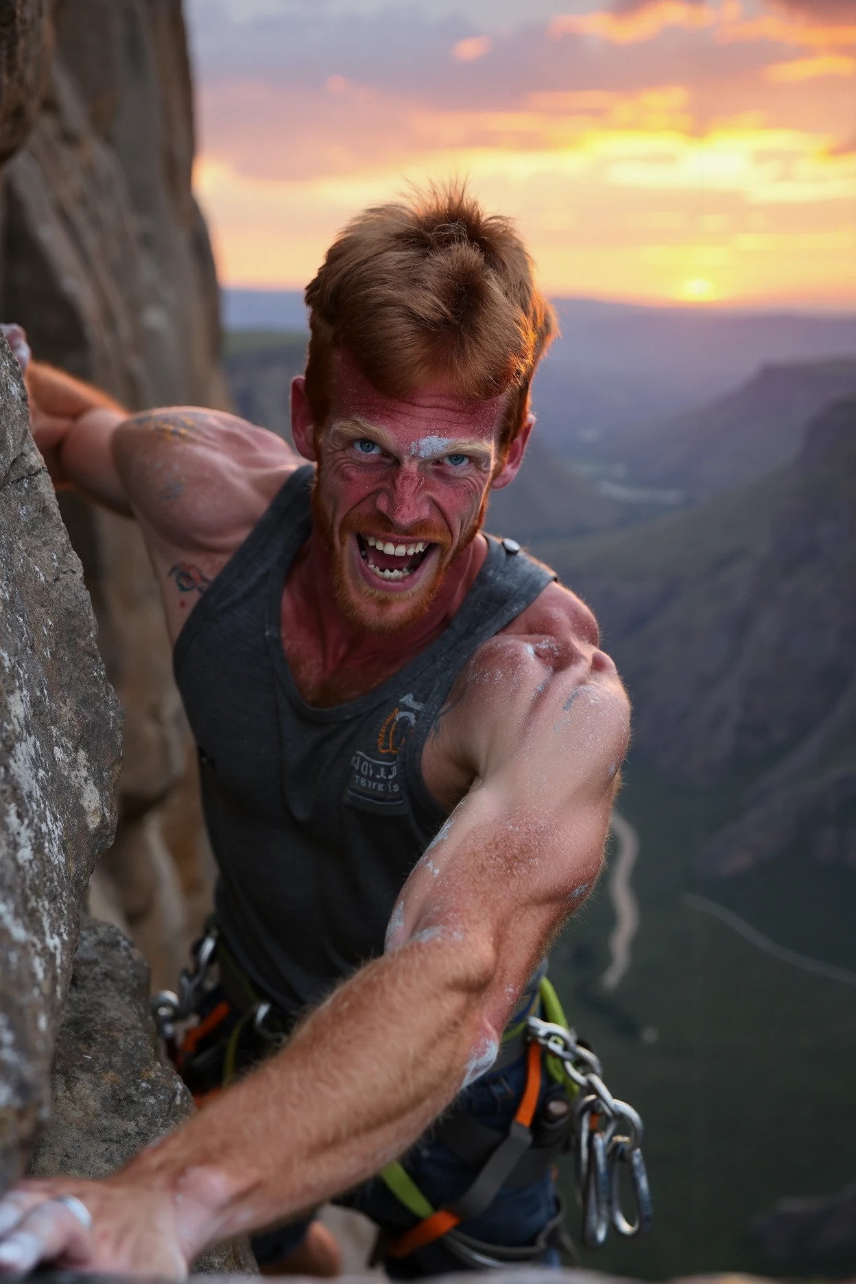 A breathtaking photograph of Aric rock climbing on a sheer cliff, His face is the focus of the shot. visibly straining yet exhilarated as he reaches for a ledge, his expression revealing both concentration and excitement. He dons a fitted climbing harness, a moisture tank top shirt, and chalk-covered hands. The background is an expansive view of a valley below, with rolling hills and a brilliant sunset painting the sky in vibrant oranges and purples, showcasing the beauty of nature and adventure. Bushy armpit hair.<lora:AricT_L5_YsCap-000030.safetensors:1.0:1.0>