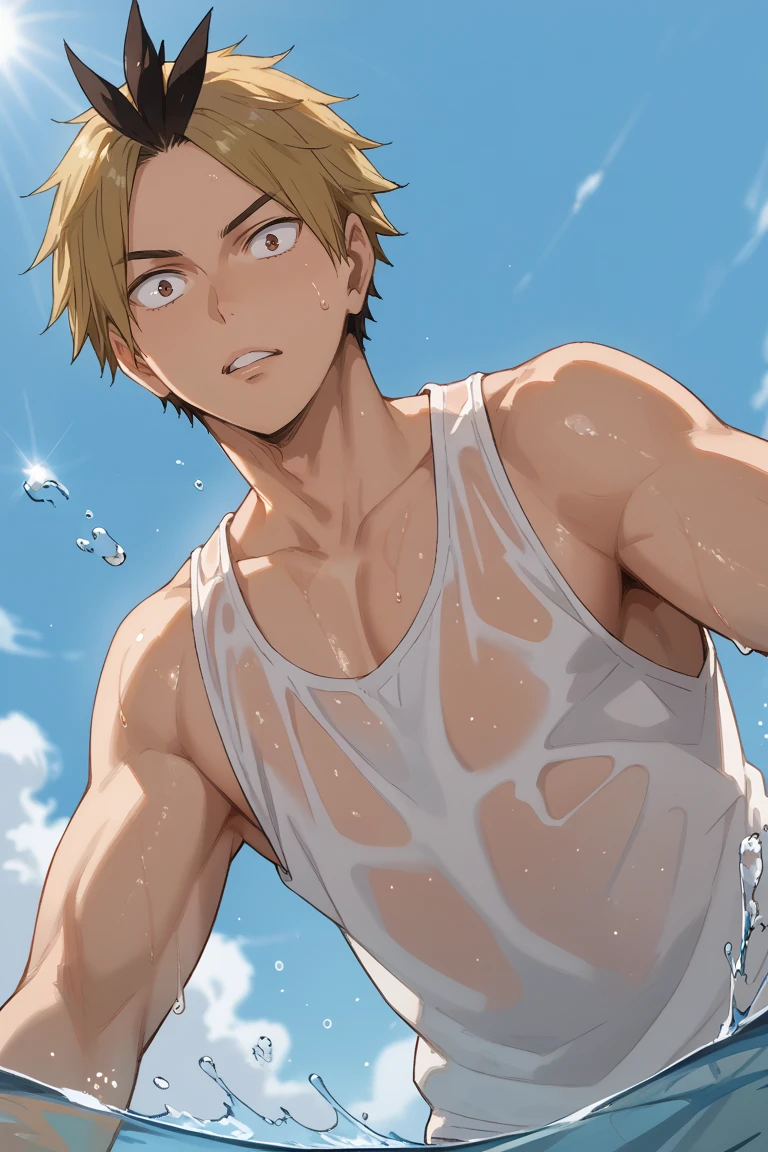 score_9, score_8_up, score_7_up, source_anime, rating_questionable, day, natural lighting, summer theme, water, water droplet, water splash, male focus, leaning forward, looking down at viewer, surprised, KoganegawaHU, blonde-black_KoganegawaHU_multicolored hair, parted lips, summer clothes, wet clothes, tank top, 1boy, blurry outdoors, from below, dutch angle, intricately detailed illustration, atmospheric perspective, depth of field