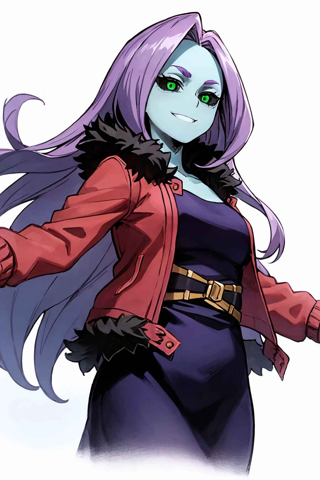 masterpiece, best quality,
1girl,  chitosekizuki, colored sclera, green eyes, purple hair, long hair, 
colored skin, blue skin,
red jacket, fur trim, black dress, open jacket,
upper body, smile, solo, looking at viewer, (simple background, white background:1.3) <lora:ChitoseKizuki_byKonan:1>