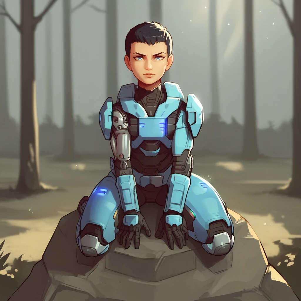 score_9_up, score_8_up, BREAK, kat-b320, 1girl, solo, black hair, short hair, blue eyes, blue armor, looking at viewer,  <lora:Kat-b320_HaloReach_PXL_Leaf2:1>, outdoors,  forest, sitting on rock,