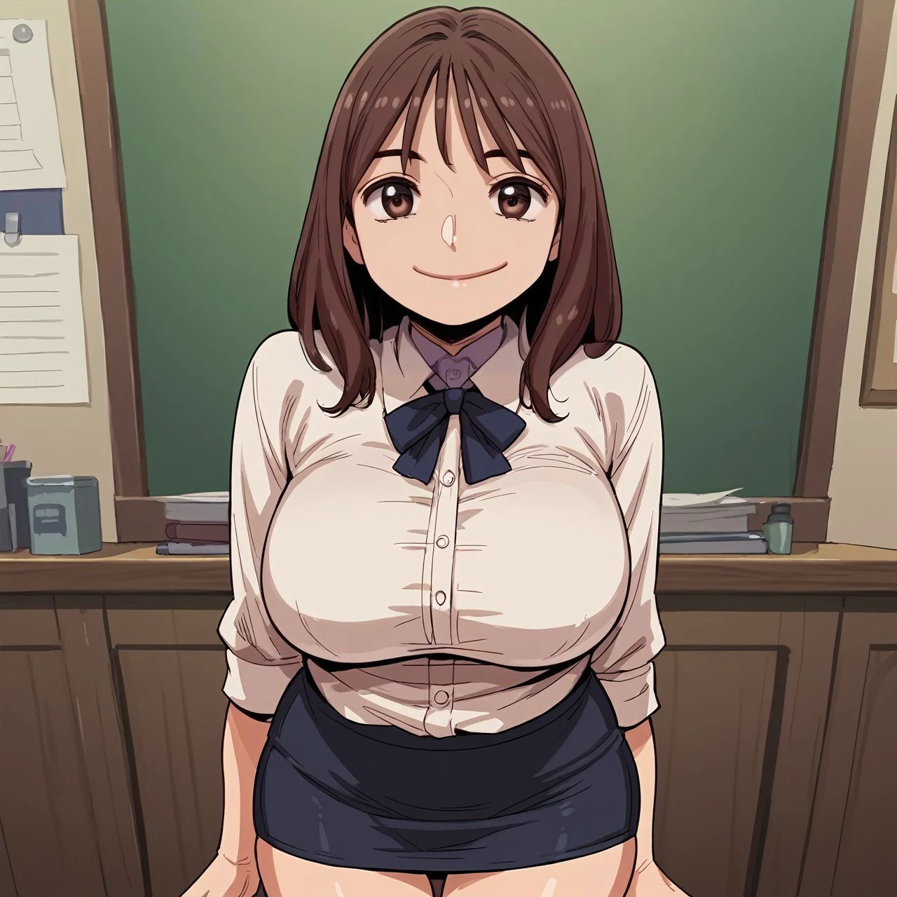 score_9, score_8_up, score_7_up, , detailed anime masterpiece, intricate design, smooth skin, highly detailed,  zPDXLxxx
large breasts,(short stack:0.7) solo
 anime coloring, cartoon, anime screencap,  indoor,
Pencil skirt with a blouse and pumps
 smile, closed mouth
  <lora:yukimaru_style_lora:0.2> <lora:balsamique-guy-PONYv1:0.0>
 hangyeowool, brown hair, brown eyes,    <lora:Han_Geo_Wool_-Beautiful_Gunbari_Pony-000006:1>