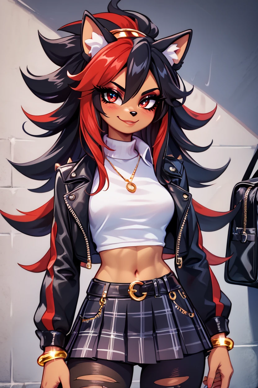 score_9, score_8_up, score_8, medium breasts, (curvy), cute, eyelashes,       BREAK, , ,,, zzShady, red eyes, multicolored hair, two-tone hair, streaked hair, black hair, red hair, animal ears, , long hair, furry, spiked hair,  black crop top, open jacket, black leather jacket, gold bracelet, black leather pants,   <lora:ShadowRule63_PDXL:0.8>,  ,,,, BREAK, closed mouth, alternate costume, smile, looking at viewer, collared shirt, blush, sweater, black skirt, eyelashes, long sleeves, sleeves past wrists, plaid skirt, shoulder bag, black bag, blurry, tile floor, pleated skirt, white shirt, cowboy shot, ,,, embedding:zPDXL, Expressiveh, ,,, <lora:Vivid:0.7>, <lora:Uncensored_PonyXL_cpt_v02.09:0.4>, <lora:Expressive_H-000001:0.4>,