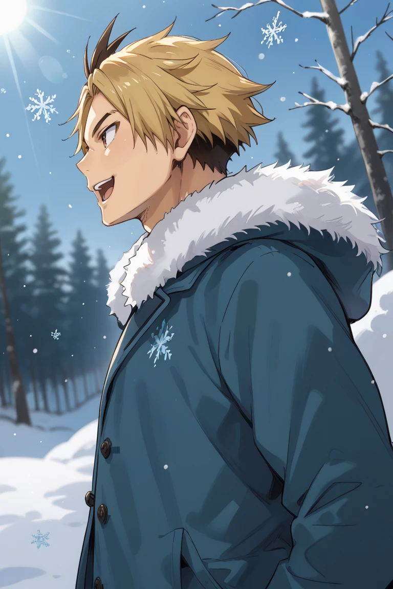 score_9, score_8_up, score_7_up, source_anime, rating_questionable, day, natural lighting, winter theme, snow, snowing, snowflakes, male focus, leaning back, looking away, smiling, KoganegawaHU, blonde-black_KoganegawaHU_multicolored hair, brown_KoganegawaHU_eyes, open mouth, winter clothes, fur trim, 1boy, blurry outdoors, from side, from below, dutch angle, intricately detailed illustration, atmospheric perspective, depth of field